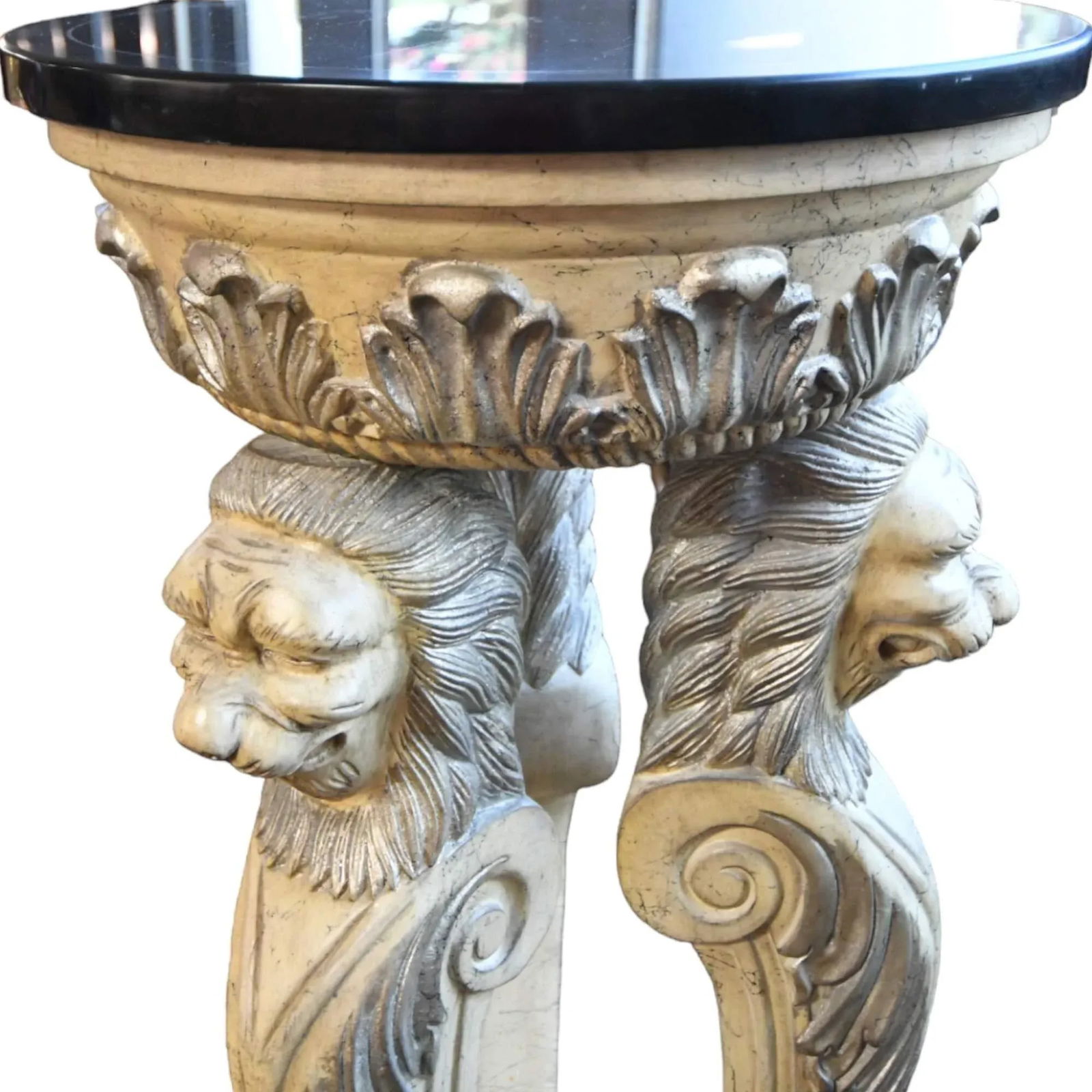 Late 20th Century Black Stone Top Carved Lions Pedestal Table - 5