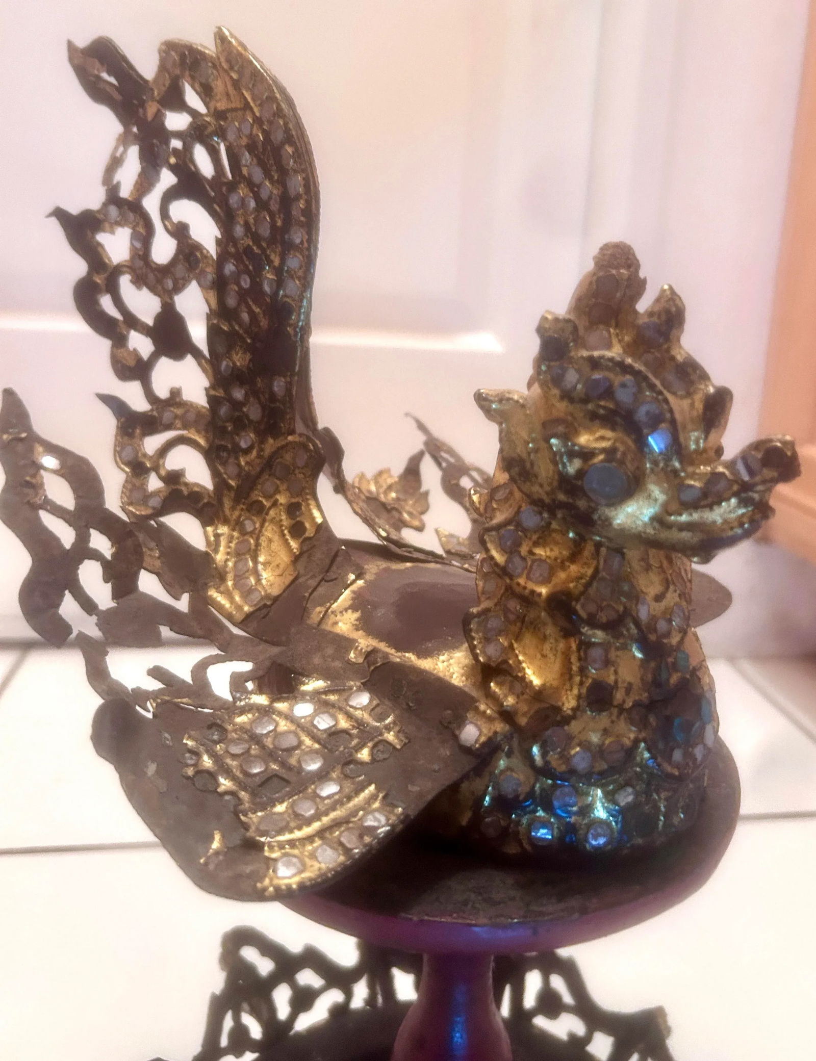 Antique Burmese Hintha Bird-Shaped Betel Gold Lacquered Box on Offering Stand - 3 Pieces - 10