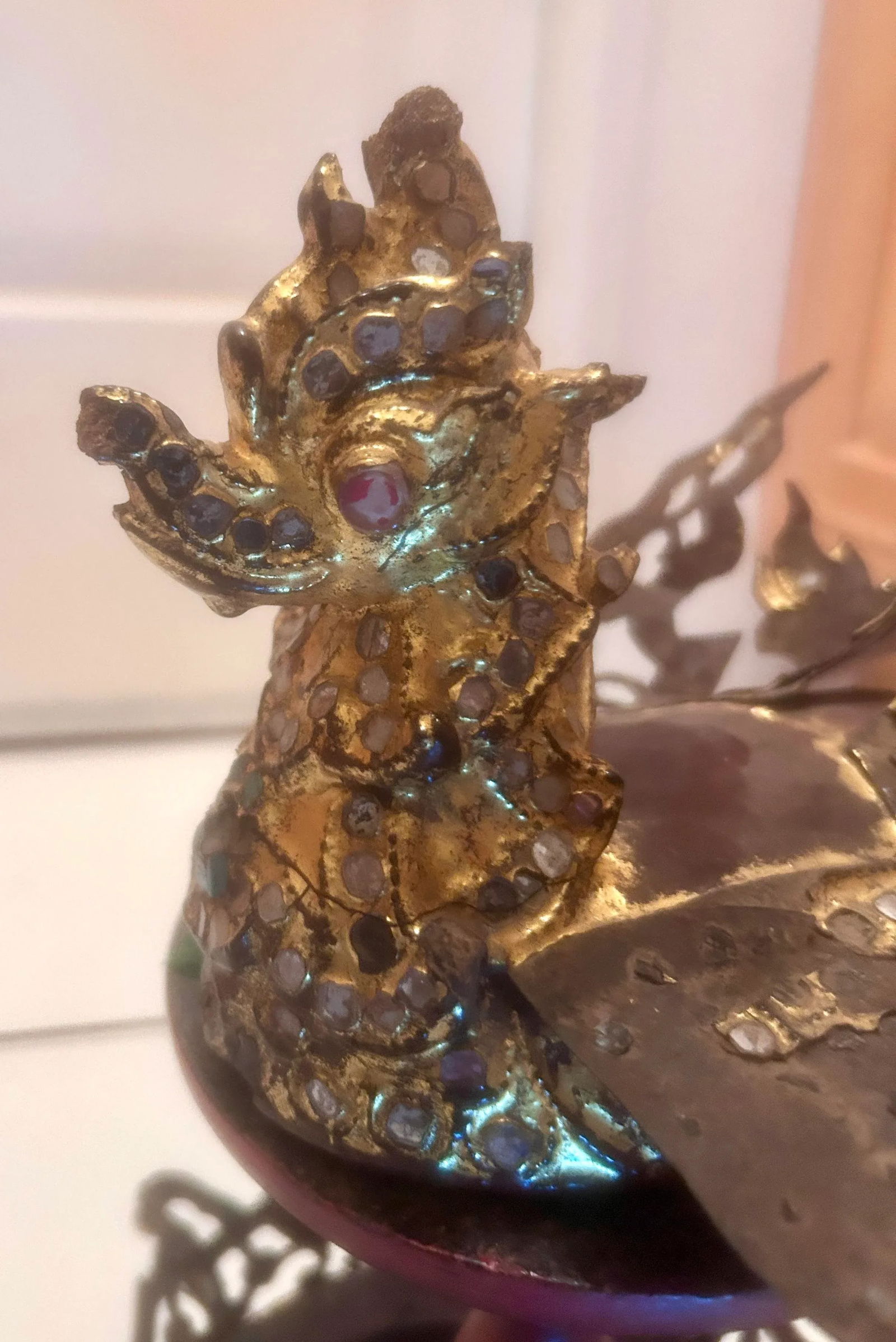 Antique Burmese Hintha Bird-Shaped Betel Gold Lacquered Box on Offering Stand - 3 Pieces - 11