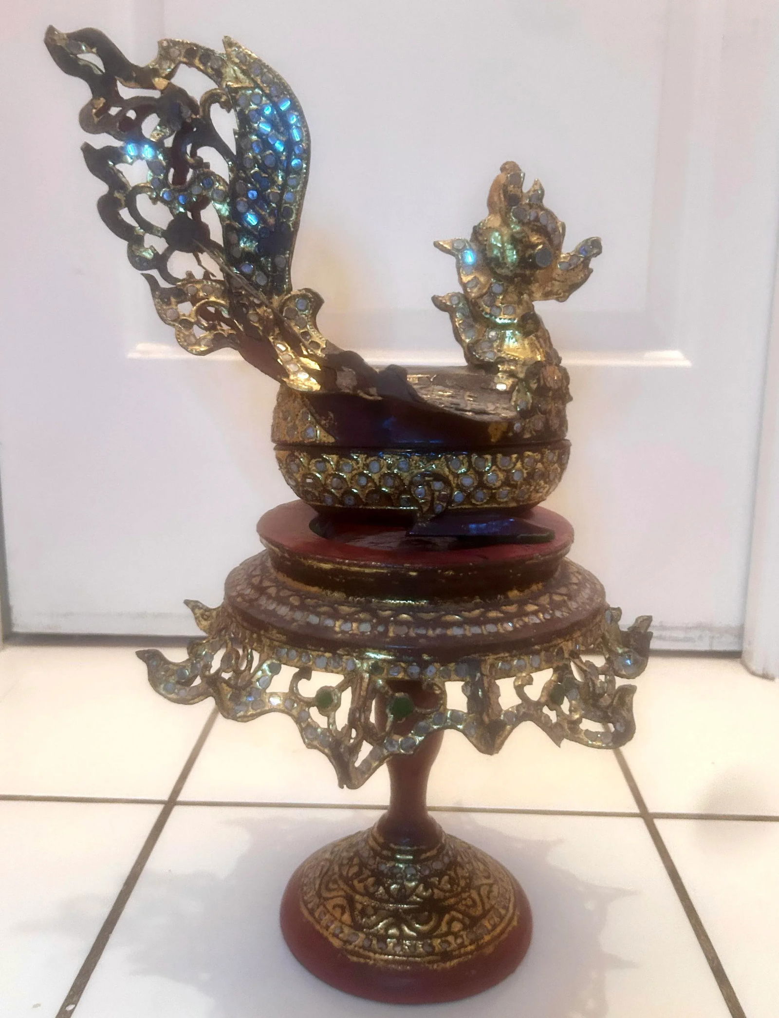 Antique Burmese Hintha Bird-Shaped Betel Gold Lacquered Box on Offering Stand - 3 Pieces - 2