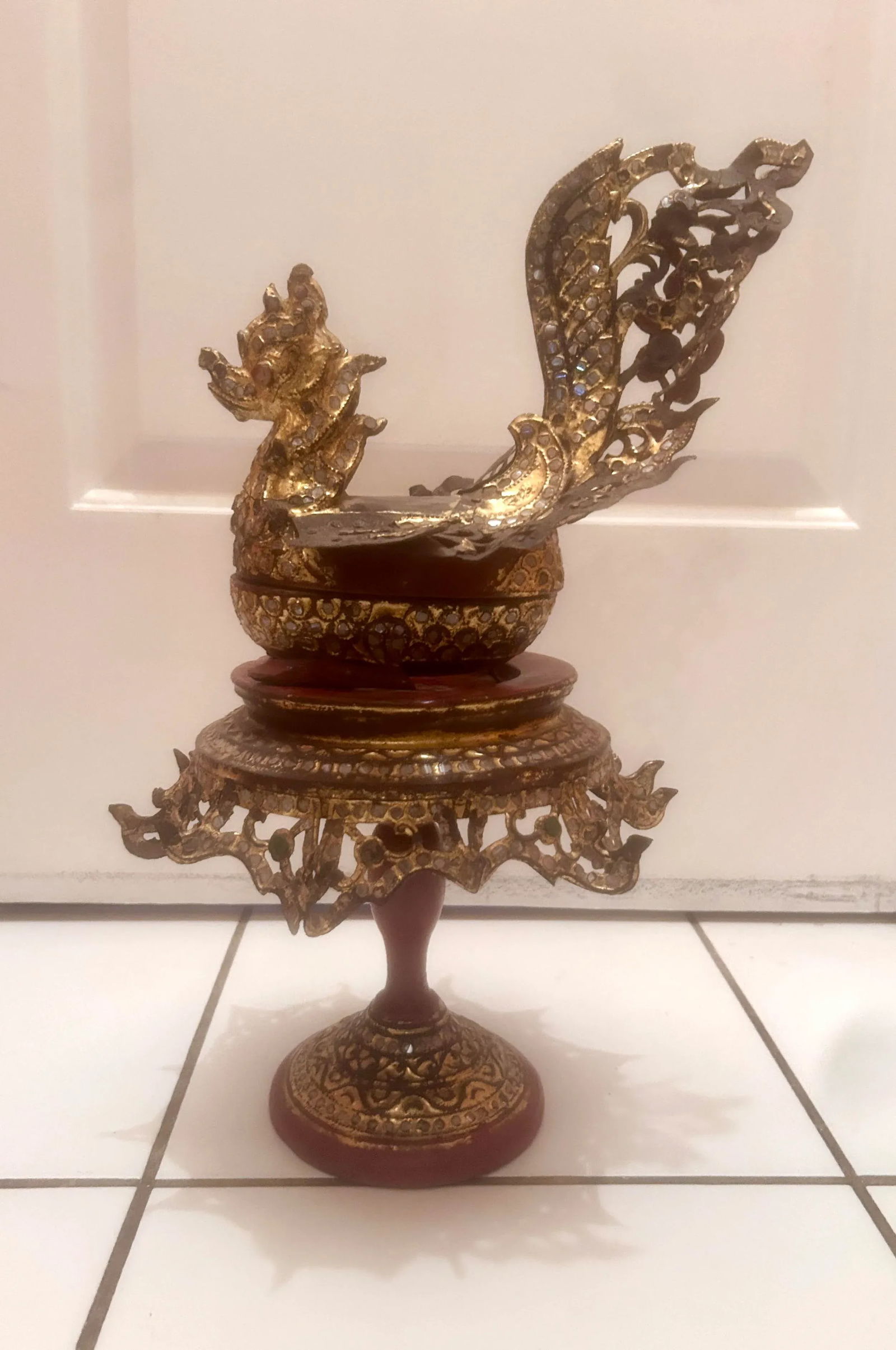 Antique Burmese Hintha Bird-Shaped Betel Gold Lacquered Box on Offering Stand - 3 Pieces - 3