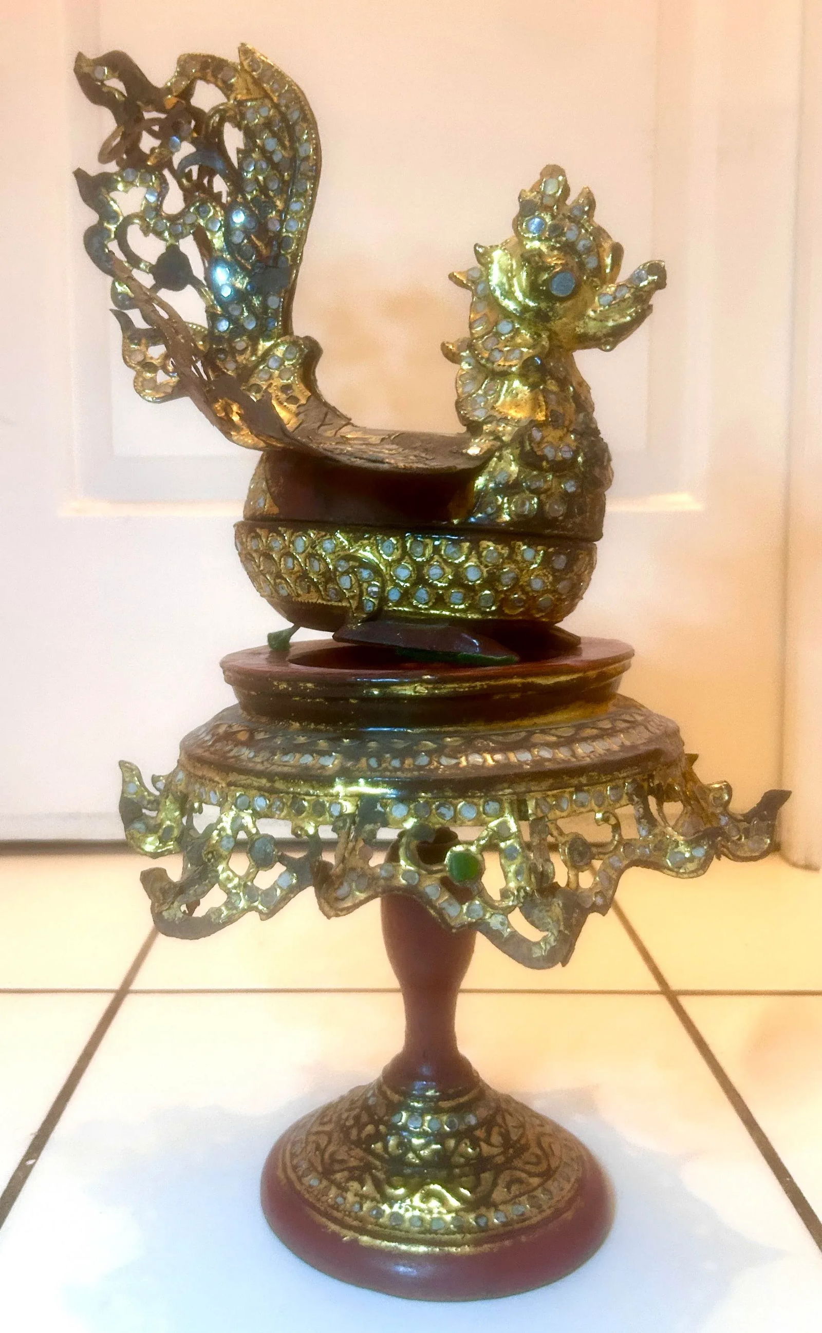 Antique Burmese Hintha Bird-Shaped Betel Gold Lacquered Box on Offering Stand - 3 Pieces - 4