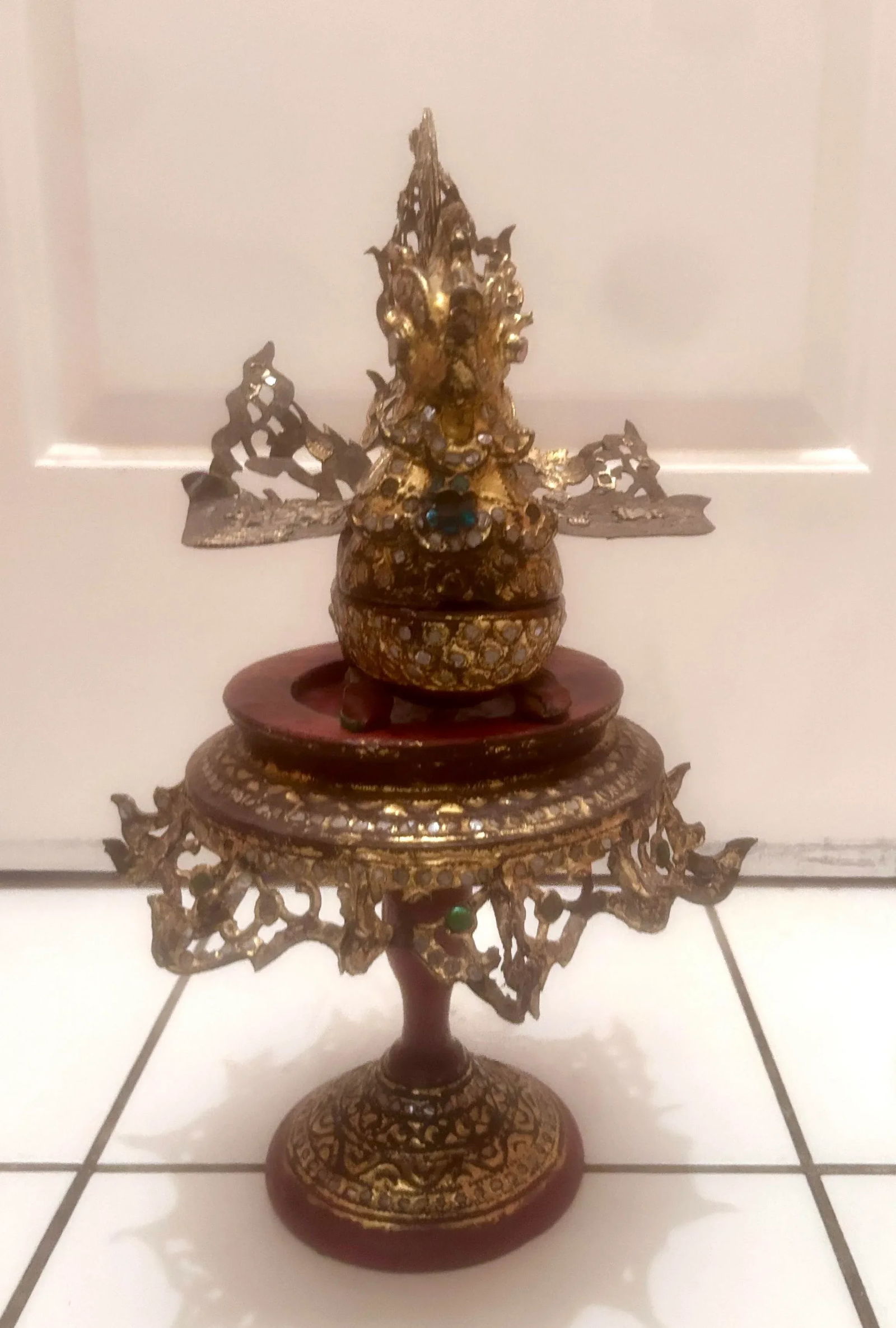 Antique Burmese Hintha Bird-Shaped Betel Gold Lacquered Box on Offering Stand - 3 Pieces - 6