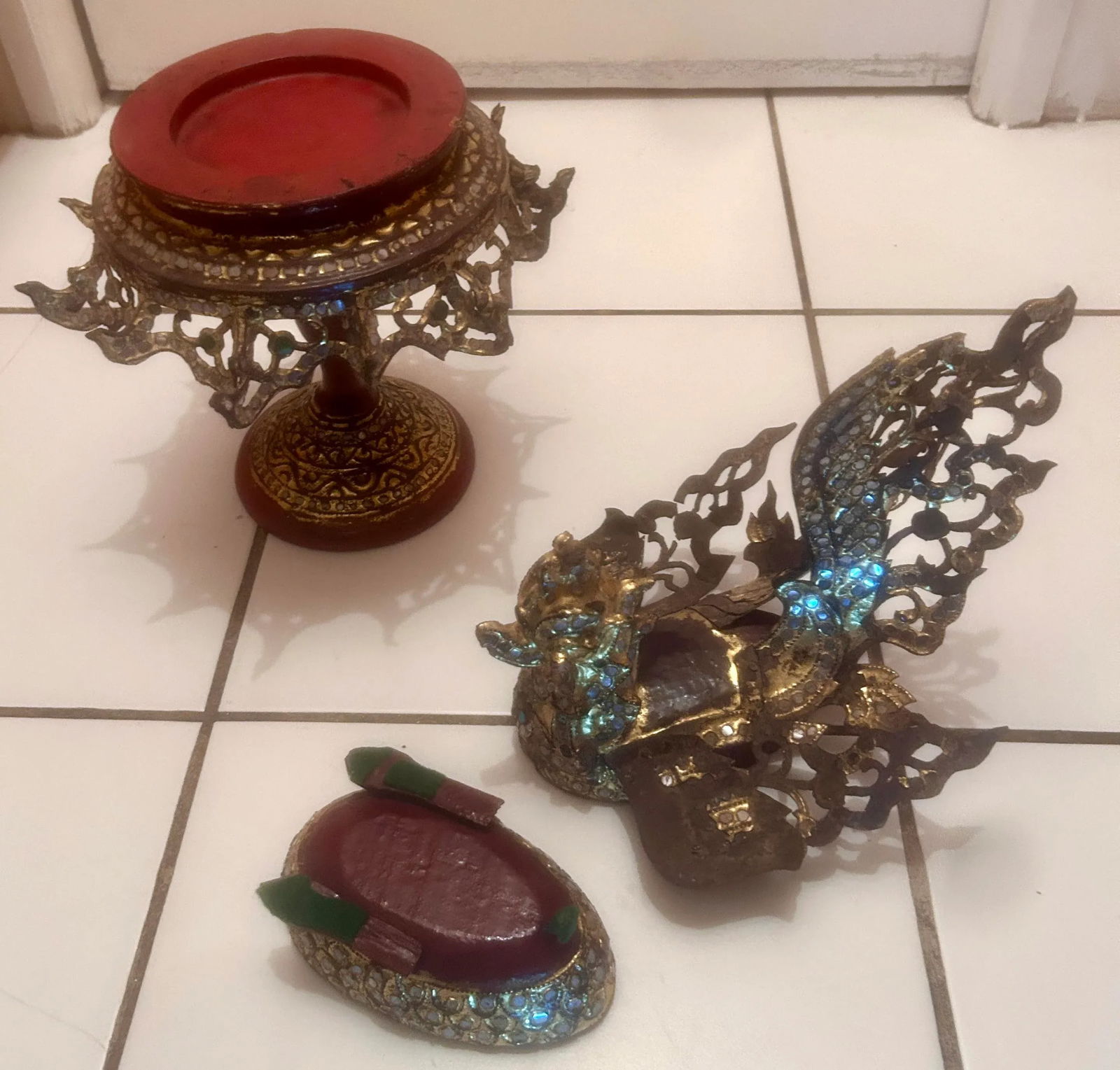 Antique Burmese Hintha Bird-Shaped Betel Gold Lacquered Box on Offering Stand - 3 Pieces - 7