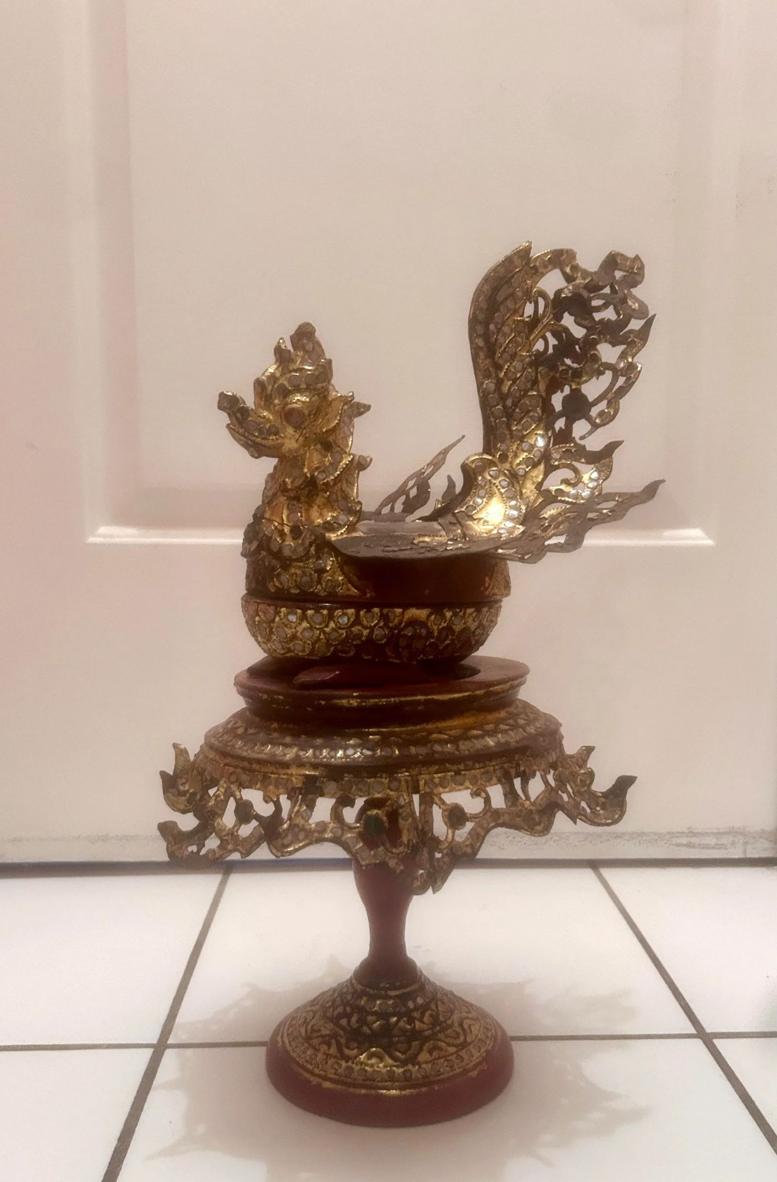 Antique Burmese Hintha Bird-Shaped Betel Gold Lacquered Box on Offering Stand - 3 Pieces - 9