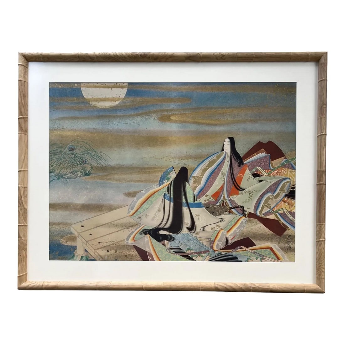 Japanese Woodblock Print Ogyu Tensen's "Picture of the Sky Fountain": An elegant Japanese woodblock print by Ogyu Tensen, titled "Picture of the Sky Fountain." This ethereal scene captures two noblewomen beneath a luminous full moon, their long, flowing hair and