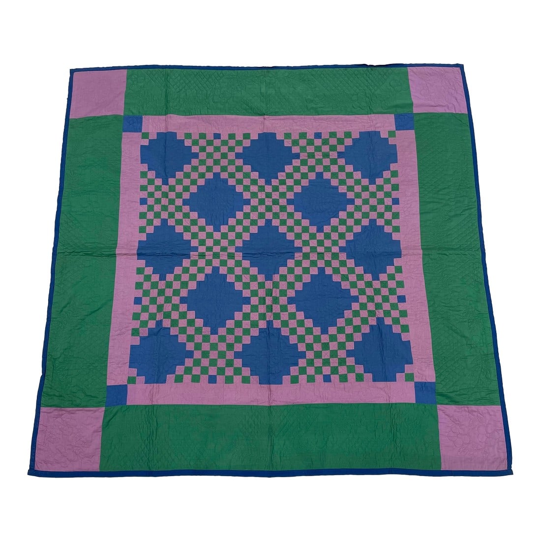 1940s Vintage American Triple Irish Chain Quilt: Gorgeous greens and pinks are combined in this terrific American quilt. It is almost a perfect square at 80" x 80". Quilts hung on a wall are the most wonderful art form. This piece is from the