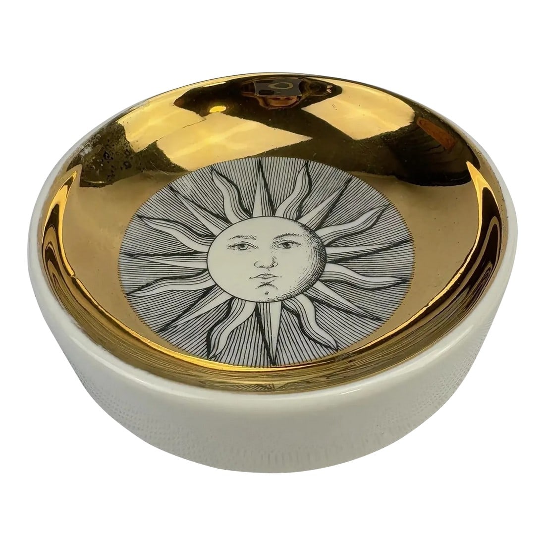 Golden Radiance: Piero Fornasetti "Solo" Sunburst Trinket Dish: Golden Radiance: Piero Fornasetti "Solo" Sunburst Trinket Dish A striking piece of mid-century inspired design, this Vintage Piero Fornasetti circular ceramic dish in the Sun Burst "Solo Pattern" is