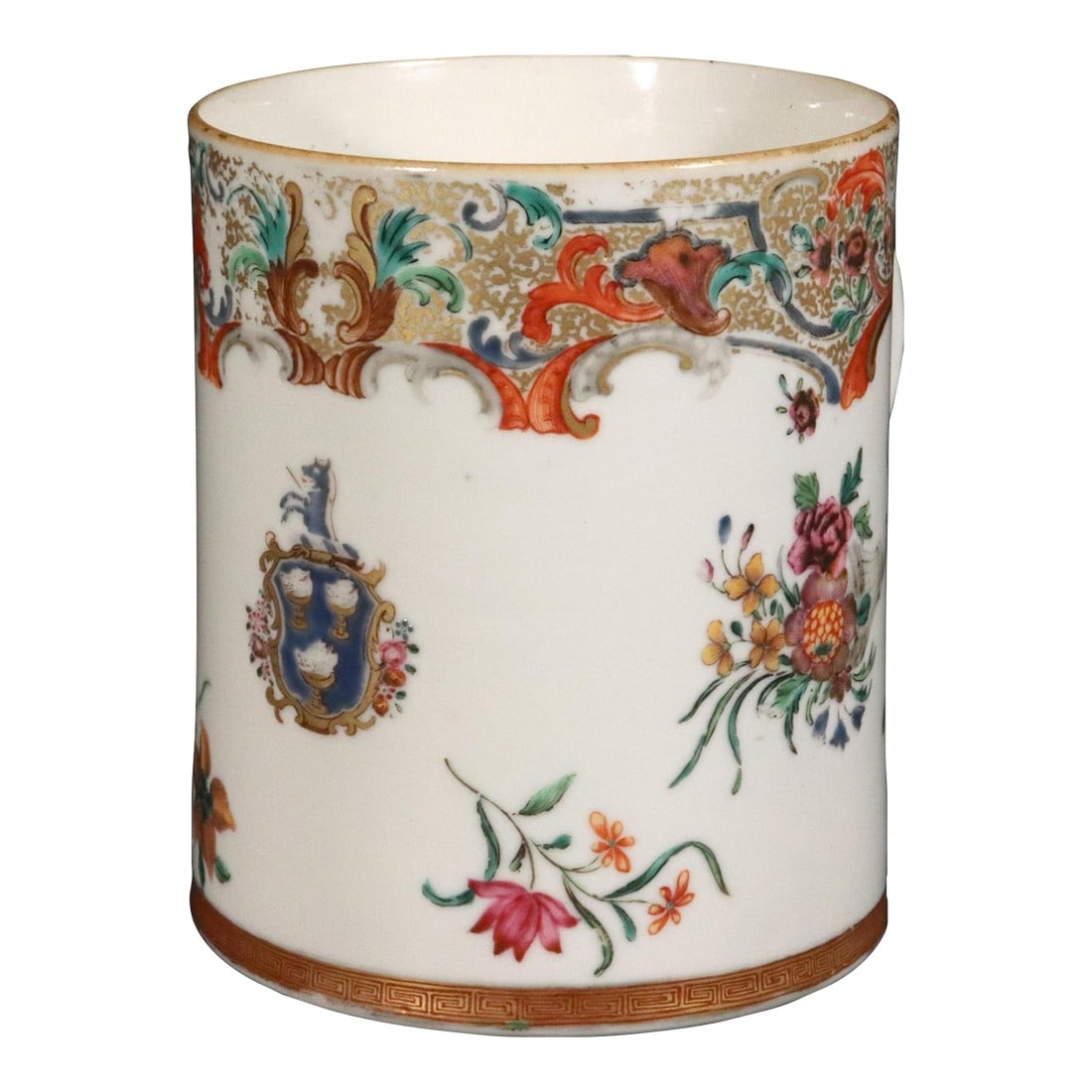 Chinese Export Porcelain Large Armorial Tankard: The Warcop Tankard: Rare Chinese Export Armorial Porcelain with Cornucopia Decoration (c. 1780) A superb late 18th-century Chinese Export porcelain armorial tankard, dating to the Qianlong period