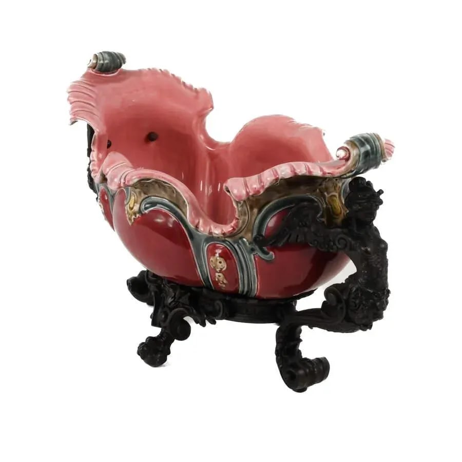 Early 20th Century French Majolica and Figural Cast Metal Jardinière - 2