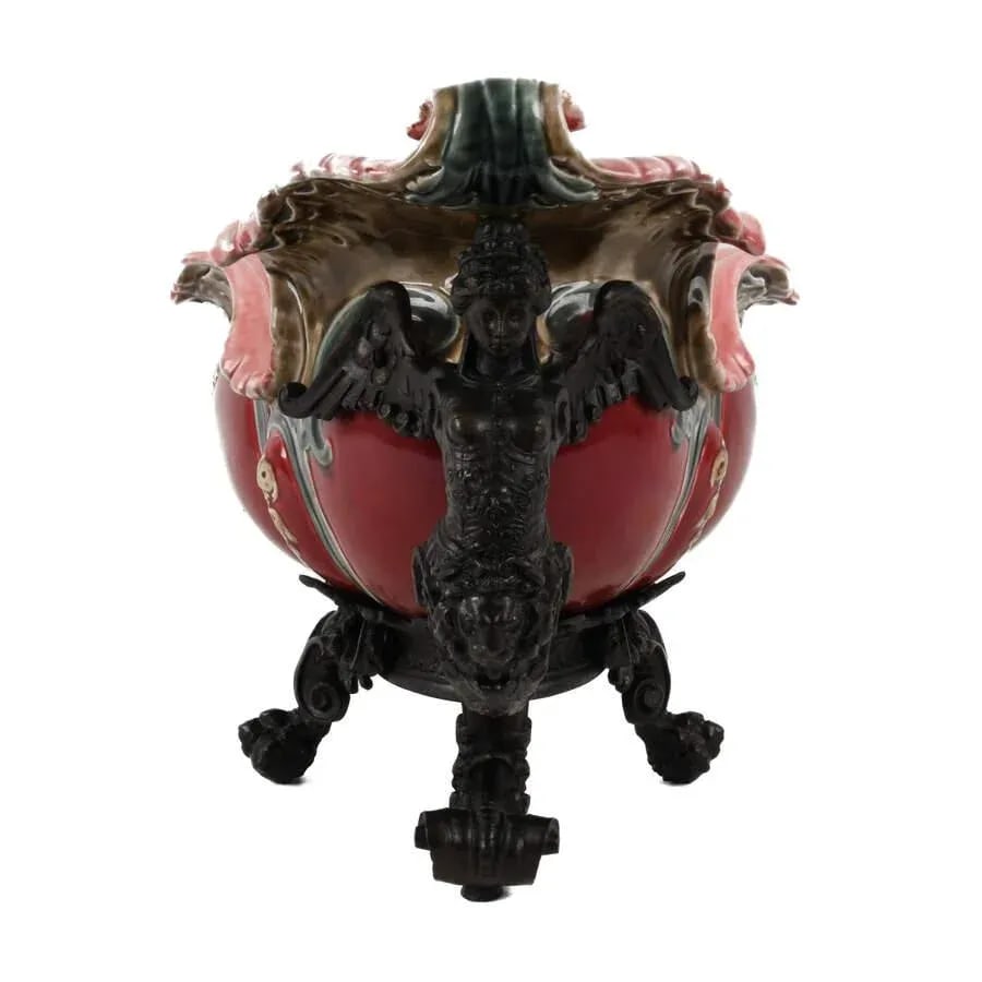 Early 20th Century French Majolica and Figural Cast Metal Jardinière - 3