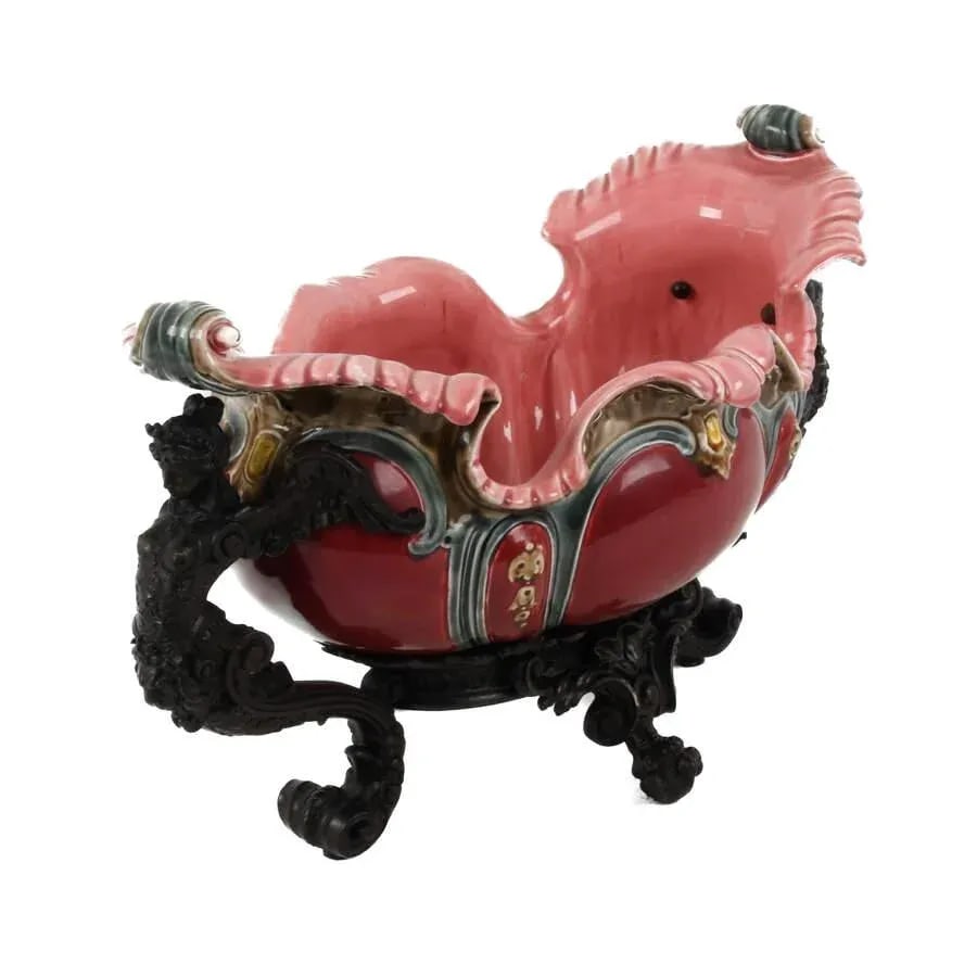 Early 20th Century French Majolica and Figural Cast Metal Jardinière - 4