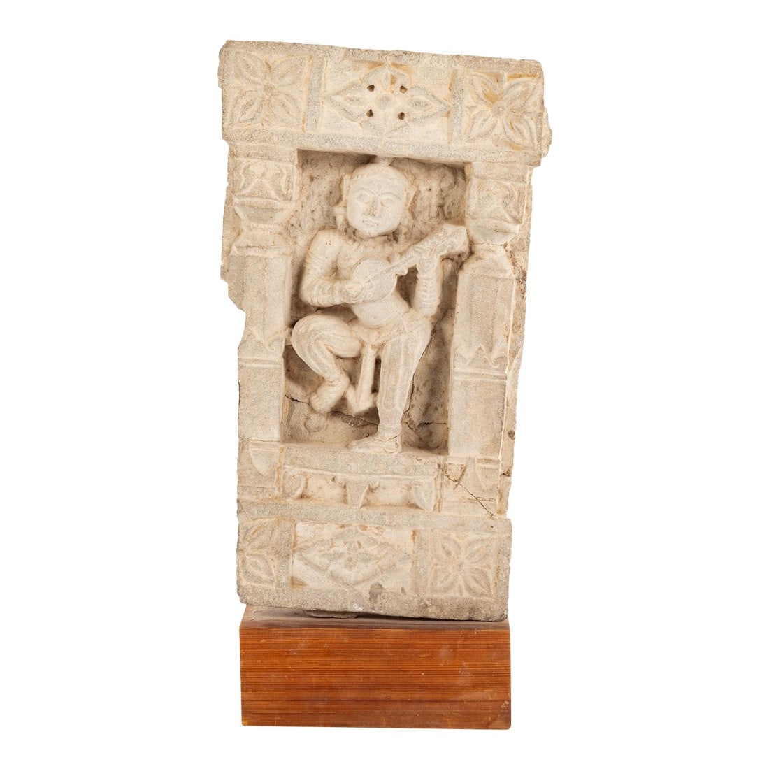 Late 19th Century Indian Tall Carved Sandstone Dancing Hindu Goddess Musician Relief Stele: An exquisitely carved South Asian sandstone relief sculpture of dancing Hindu Goddess Musician (mid 18th c or later), possibly Saraswati or Parvati, mounted on wooden display stand. The Indian