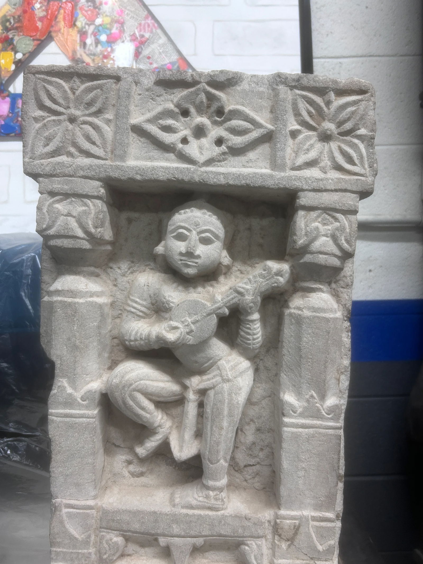 Late 19th Century Indian Tall Carved Sandstone Dancing Hindu Goddess Musician Relief Stele - 8