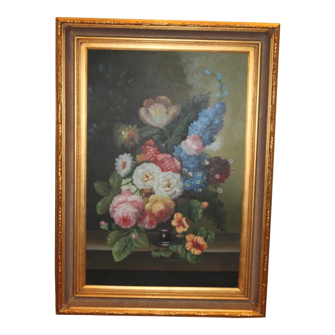 Vintage Floral Still Life Oil Painting on Canvas, 32" X 44": Vintage Floral Still Life Oil Painting on Canvas, 32" x 44" A beautifully executed vintage oil on canvas still life, depicting a lush floral arrangement in soft, romantic tones. The composition