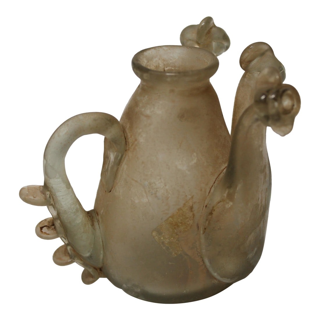 Antique Roman Glass Ewer With Handle and Twin Piped Spouts: Antique Roman Glass Ewer with Handle and Twin Piped Spouts Striking antique Roman-style glass ewer featuring a graceful handle and two applied piped spouts. Hand-blown in translucent glass, the form