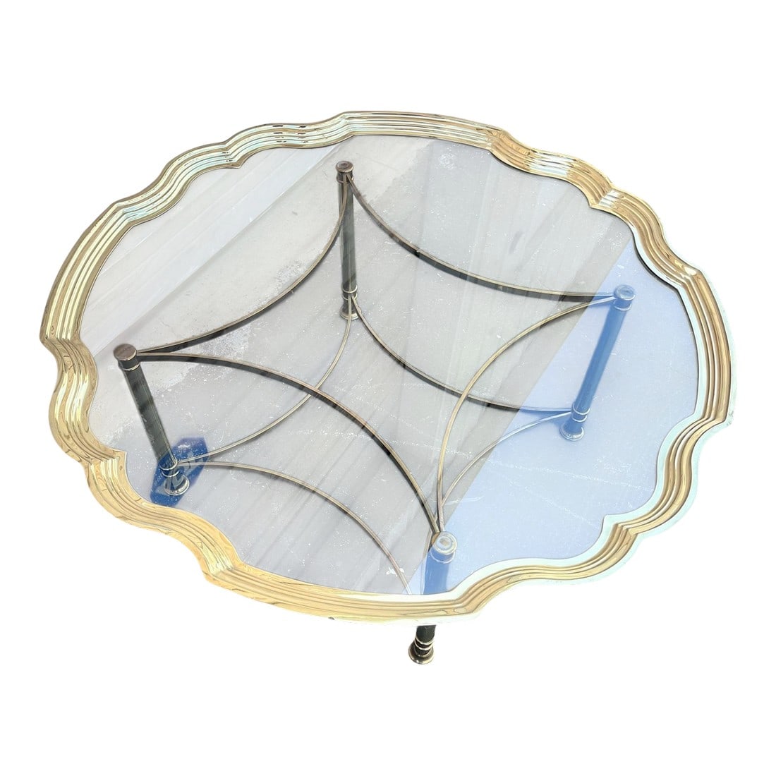 1970s Vintage Brass Scalloped Glass Coffee Table / Italy: Vintage scalloped, brass and glass four legged coffee table manufactured in Italy, circa 1970 Stamped Italy under all four legs Condition: Alterations: Original Condition Unaltered Imperfections: