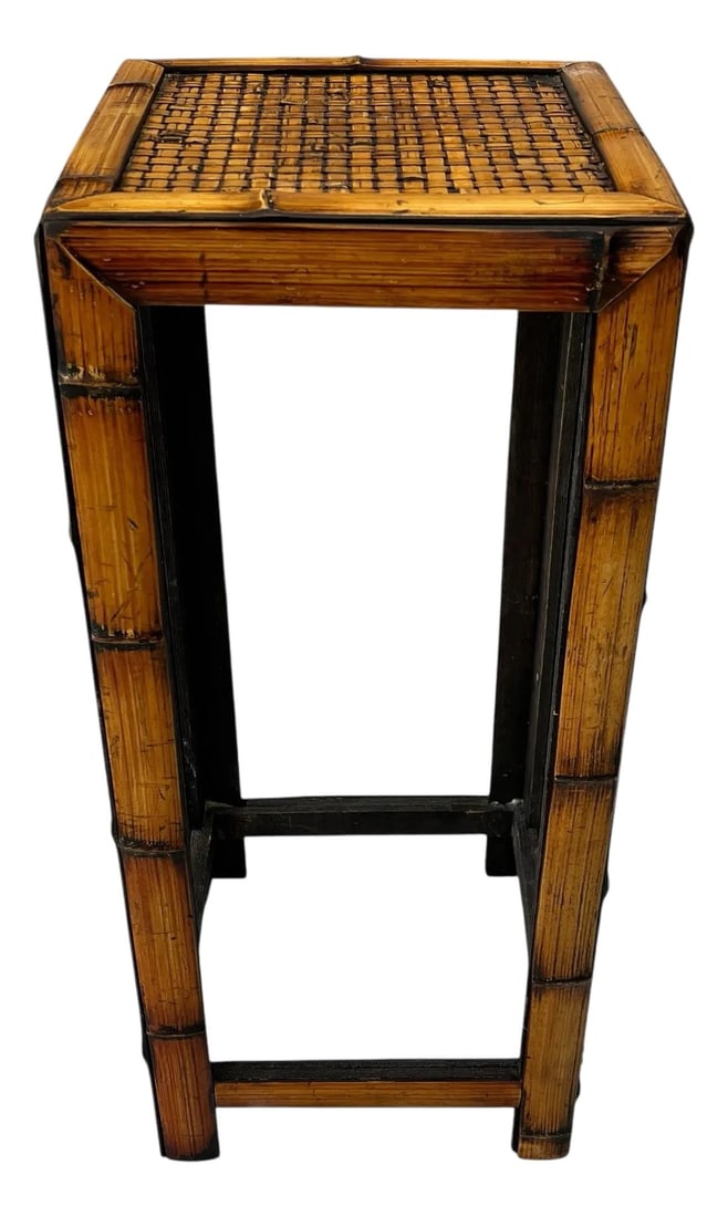 Vintage Coastal Bamboo Plant Stand Pedestal: Vintage bamboo pedestal, plant stand with woven rattan top. In fab condition. Measures 12.5" square x 28.5" h. Condition: Alterations: Original Condition Unaltered Imperfections: Some Imperfections Co