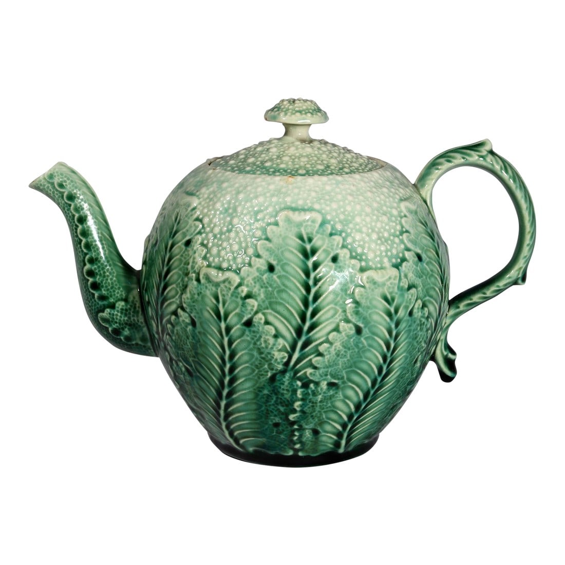 American Etruscan Majolica Teapot in the Form of a Cauliflower: Garden Whimsy: American Etruscan Majolica Cauliflower Teapot Griffen, Smith & Hill, Circa 1879. A delightful and highly collectible example of American Victorian majolica, produced under the