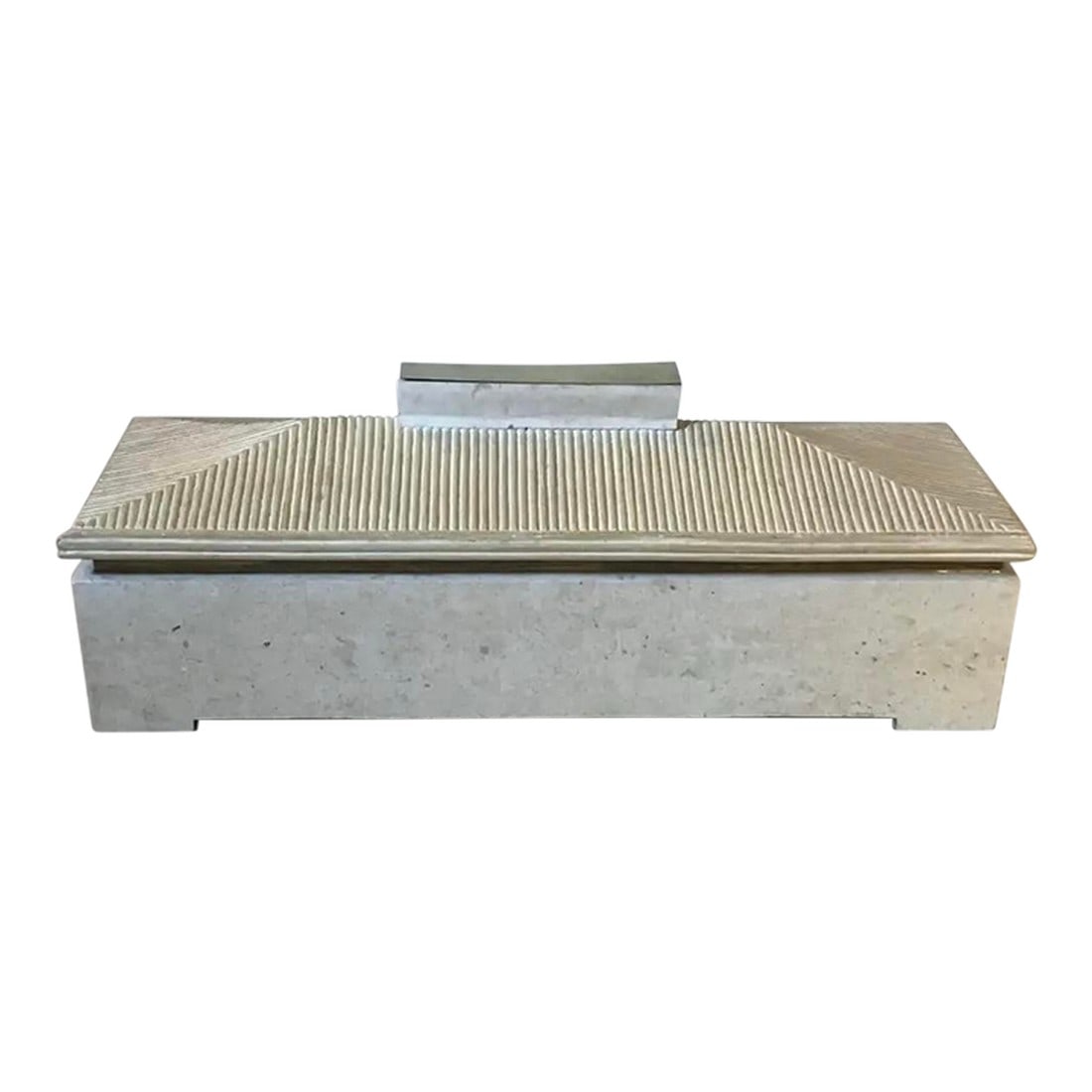 Vintage Maitland-Smith Tessellated Stone Pagoda Box Attributed to Karl Springer: Vintage 1970s or 1980s Maitland Smith white tessellated stone 24" x 8" x 9" pagoda box, with hinged top (Lid) and brass accents. Fabric lined inside.. Very decorative, would be great as a jewelry box