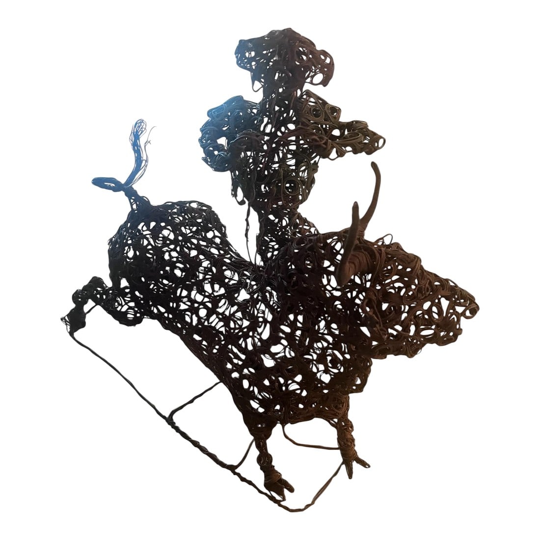 1970's Coiled Brass MCM Matador & Bull: Vintage mid-century modern 1970s coiled brass sculpture of a matador fighting a Bull . Coiled brass wire throughout. With a finish that shows age related patina. Condition: Alterations: Original