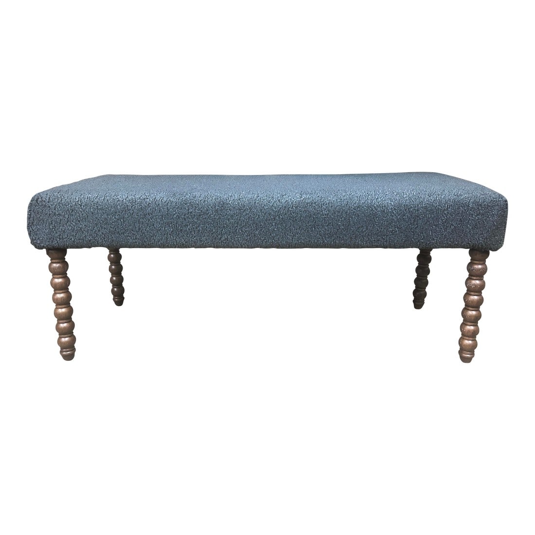 Vintage Lee Industries Sherpa Coal Upholstered Bench: Bench by Forty West upholstered in Lee Industries Sherpa Coal (Grade M). Sherpa Coal fabric is a faux shearling like fabric in dark charcoal gray. The bench legs are bobbin like. The wood is a made
