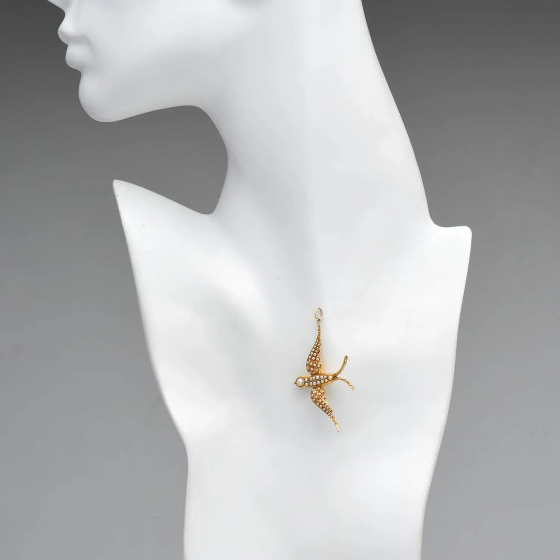 14KY Victorian Pearl Encrusted Swallow Bird Pendant - 3