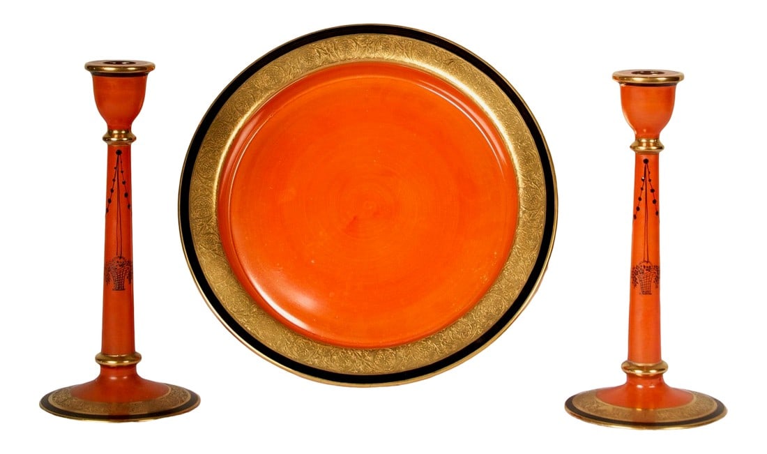 1940s Glass Charger and Matching Candlesticks With 24k Gold Details - 3 Piece Set: A wonderful pair of Candlesticks, decorated with whimsy in the neoclassic taste, 24K gold and black glass details, and matching to the beautiful charger which is part of this set. Condition: