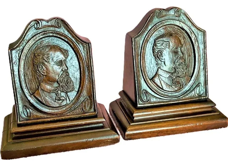 Early 20th Century Wooden Bookends With Portrait of a Man- a Pair - 2