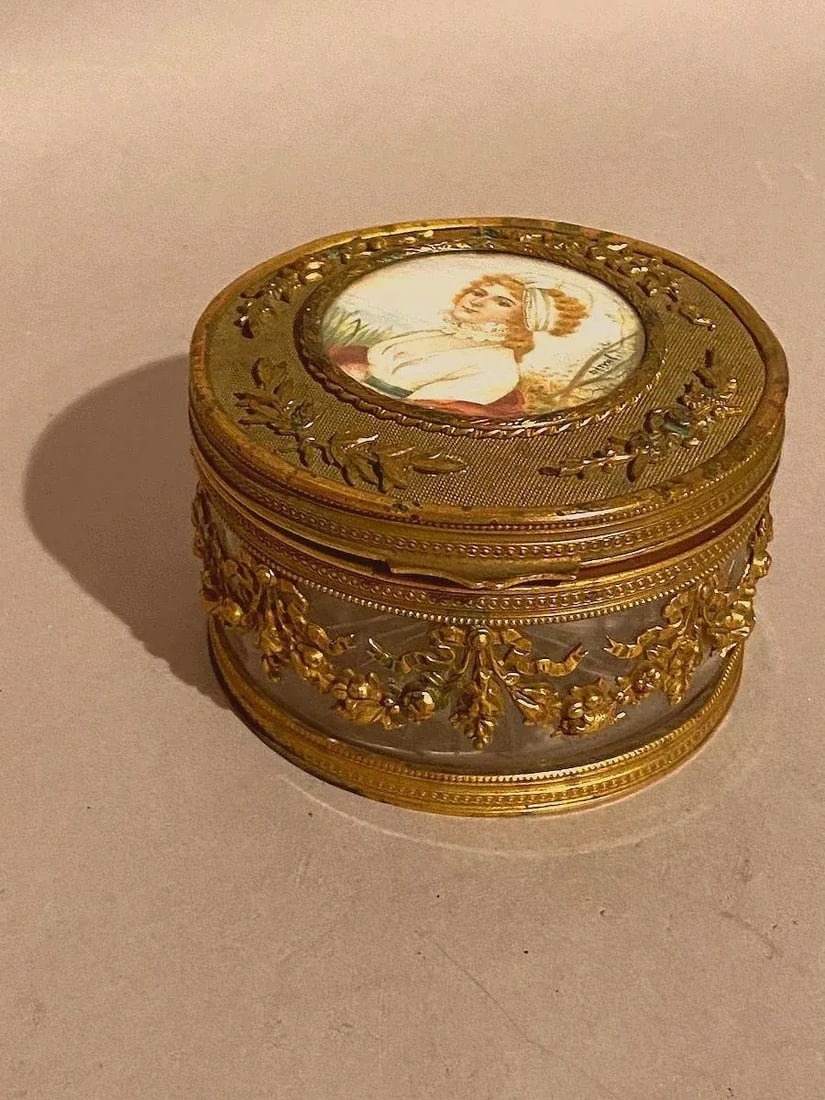 19th C French Jean Derval Bronze Crystal Portrait Jewelry Box - 18
