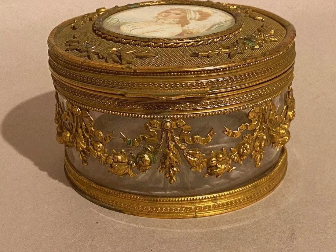 19th C French Jean Derval Bronze Crystal Portrait Jewelry Box - 6