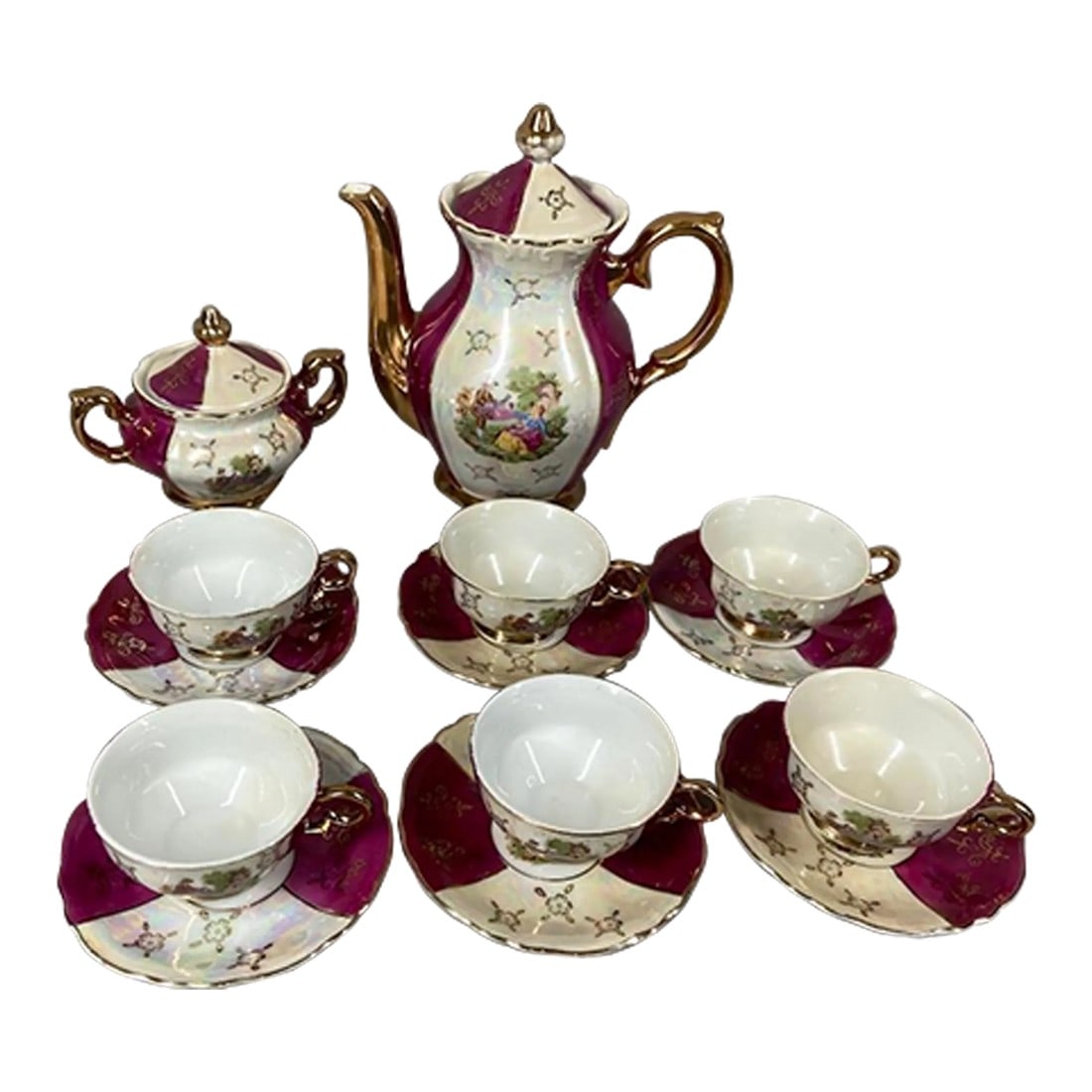 Early 20th C French Porcelain Red White Coffee Tea Set – 16pcs: âœ¨ Early 20th Century French Porcelain Coffee & Tea Set – 16 Pieces Bring elegance to your table with this early 20th-century French porcelain tea and coffee set, finely