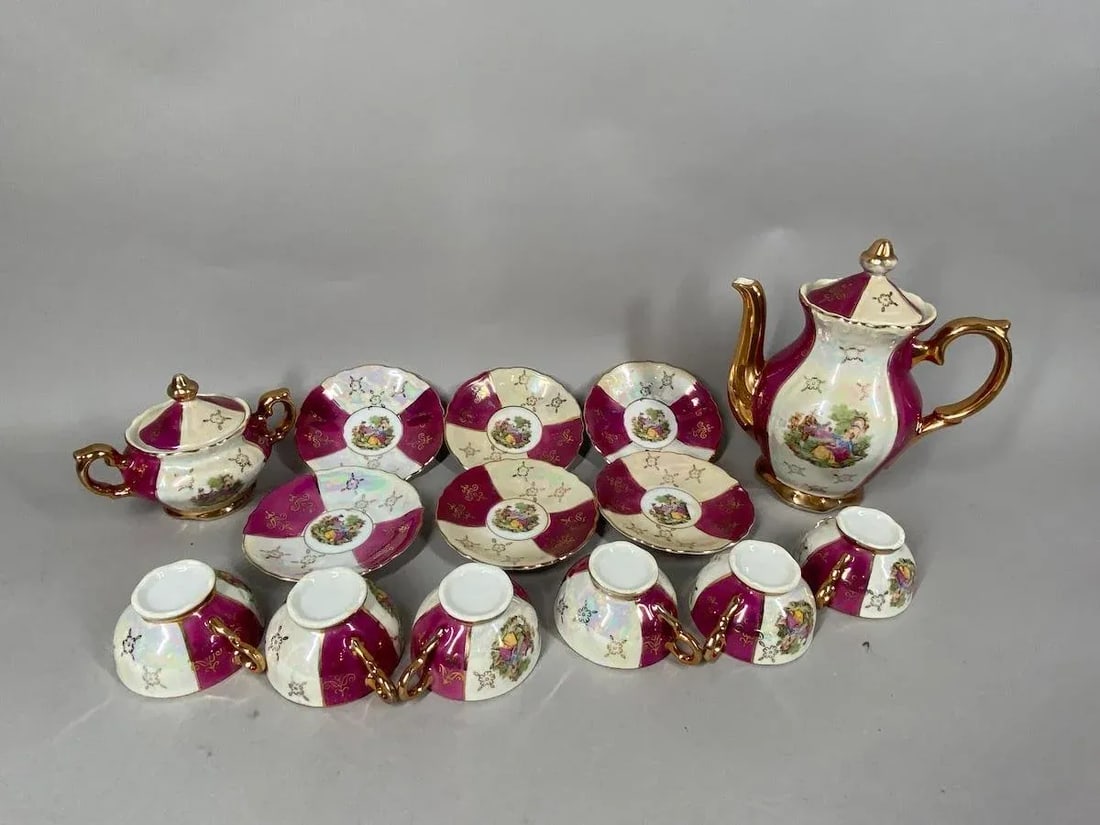 Early 20th C French Porcelain Red White Coffee Tea Set – 16pcs - 2