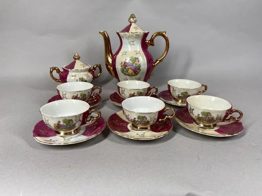 Early 20th C French Porcelain Red White Coffee Tea Set – 16pcs - 3