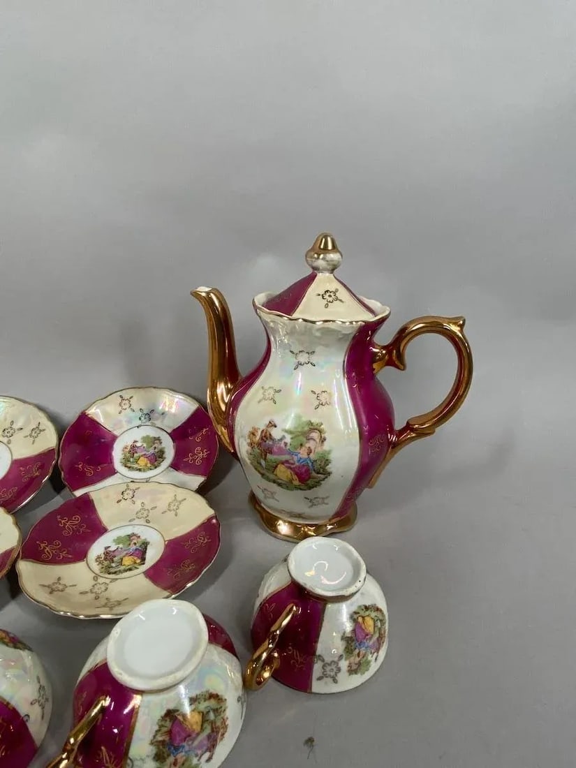 Early 20th C French Porcelain Red White Coffee Tea Set – 16pcs - 4