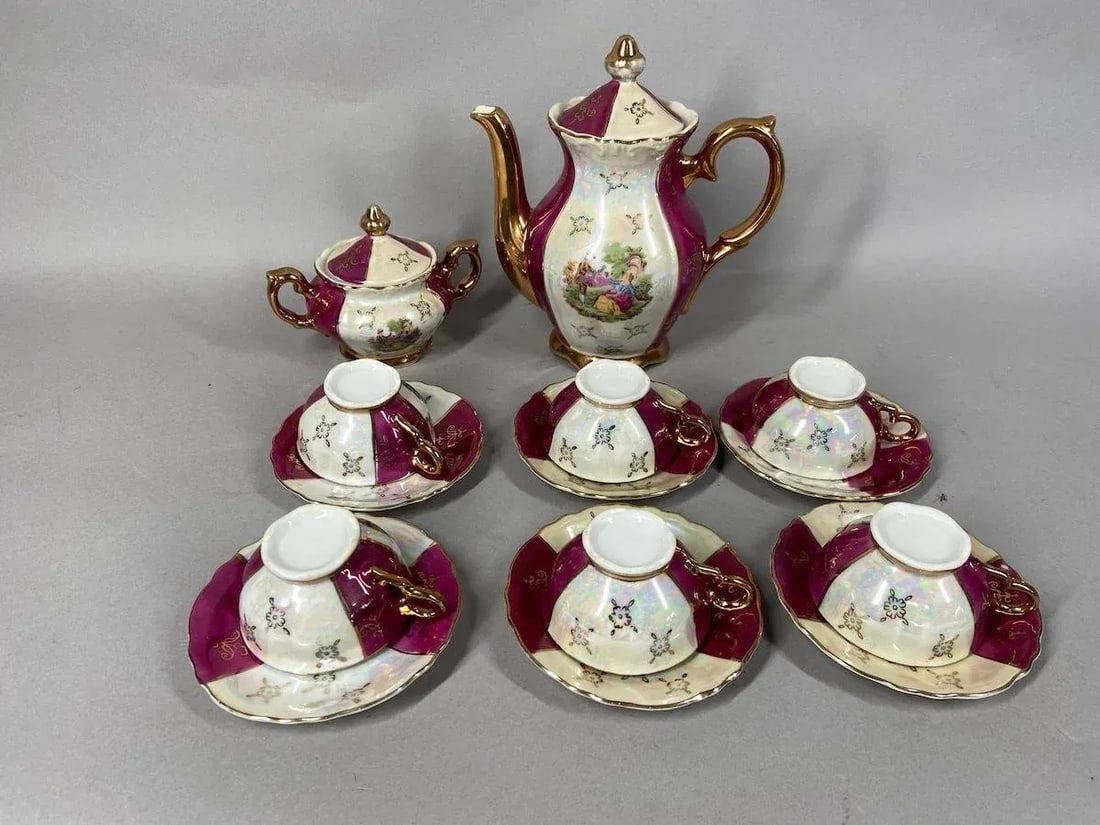 Early 20th C French Porcelain Red White Coffee Tea Set – 16pcs - 8