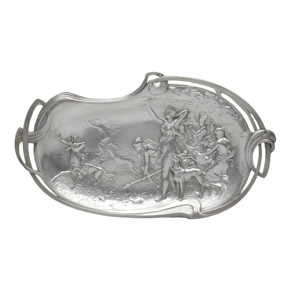 WMF Art Nouveau Silverplate Wall Tray – Diana the Huntress With Stag & Hounds, c.1905–: Rare WMF (WÃ¼rttembergische Metallwarenfabrik) Art Nouveau silverplate tray, model 250, dating circa 1905–1915. The embossed relief depicts Diana the Huntress with attendants, hounds,