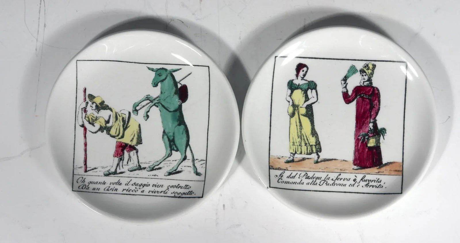 Piero Fornasetti Complete Set of Eight Ceramic Coasters, Il Mondo Alla Rovecia Pattern, ("The Tops - 4