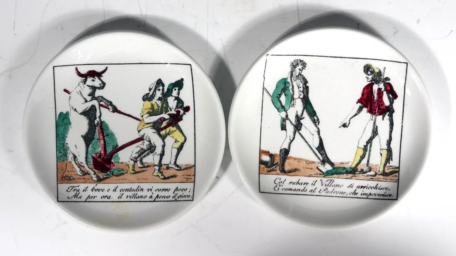 Piero Fornasetti Complete Set of Eight Ceramic Coasters, Il Mondo Alla Rovecia Pattern, ("The Tops - 6