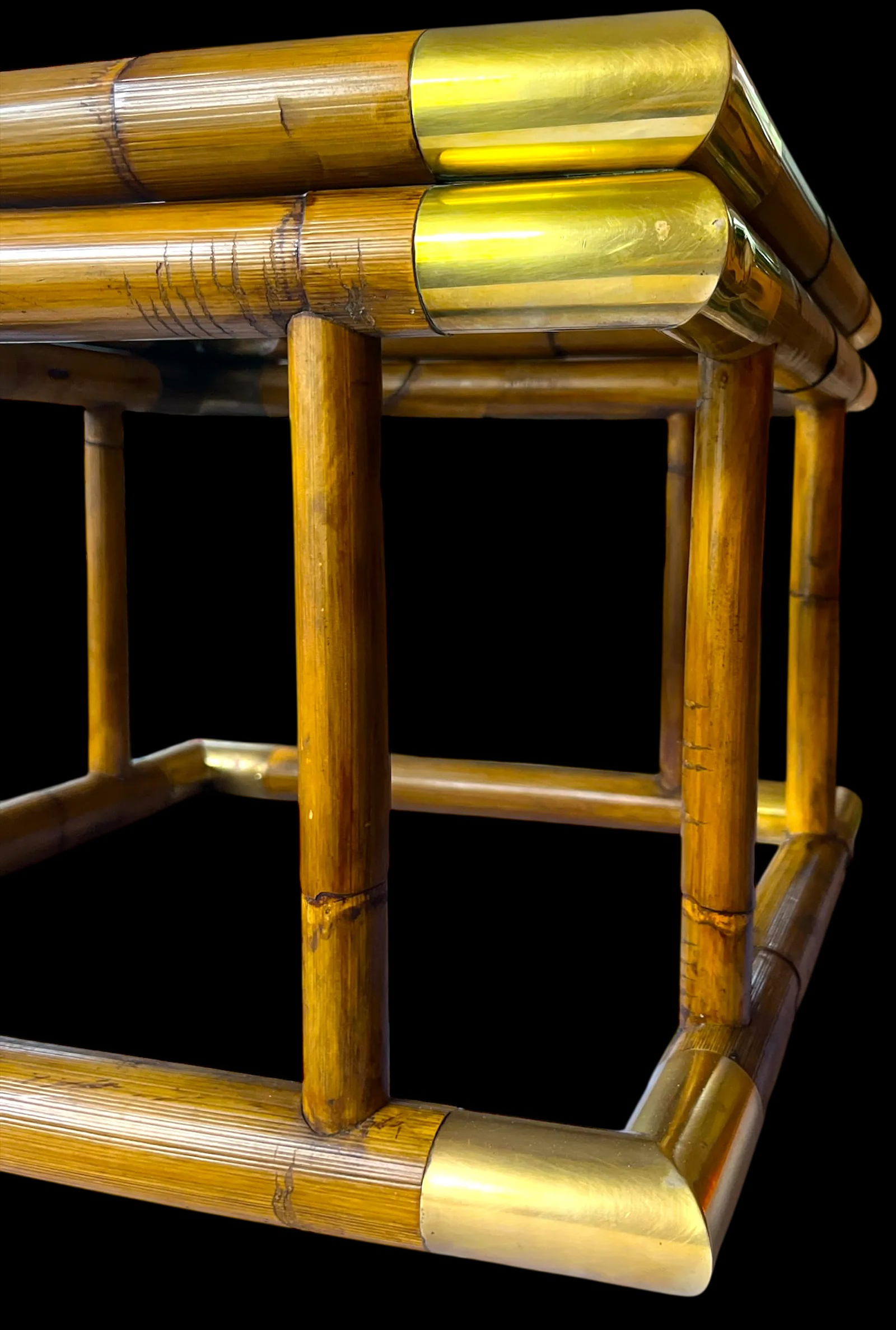 1970s Bamboo & Brass Square Side Table With Glass Top - 4