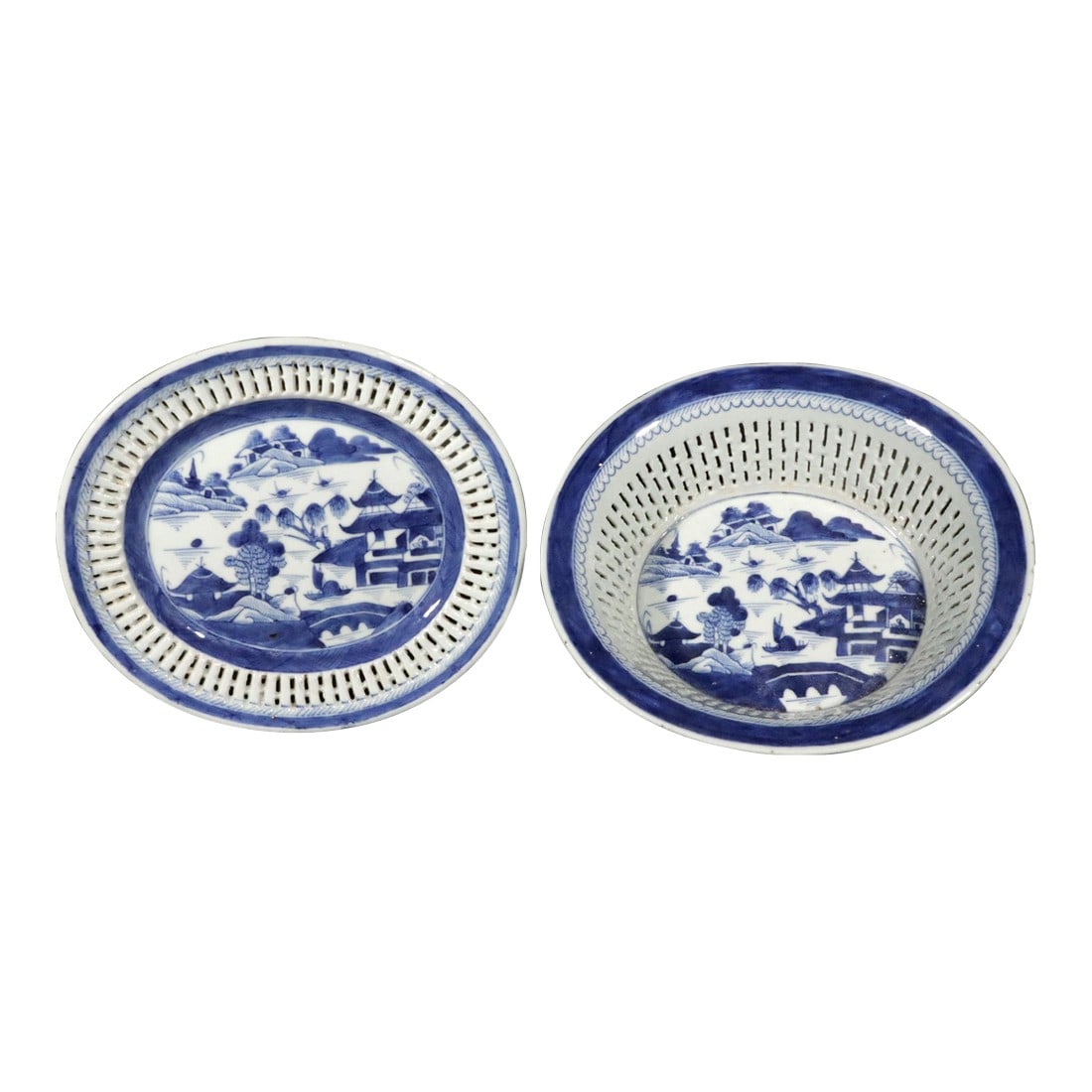 Chinese Export Porcelain Canton Blue & White Chestnut Basket & Stand: Chinese Export Porcelain Canton Blue & White Chestnut Basket and Stand Circa 1810-1820 Description This is a two-piece Chinese Export porcelain set consisting of an oval basket and a matching stand.