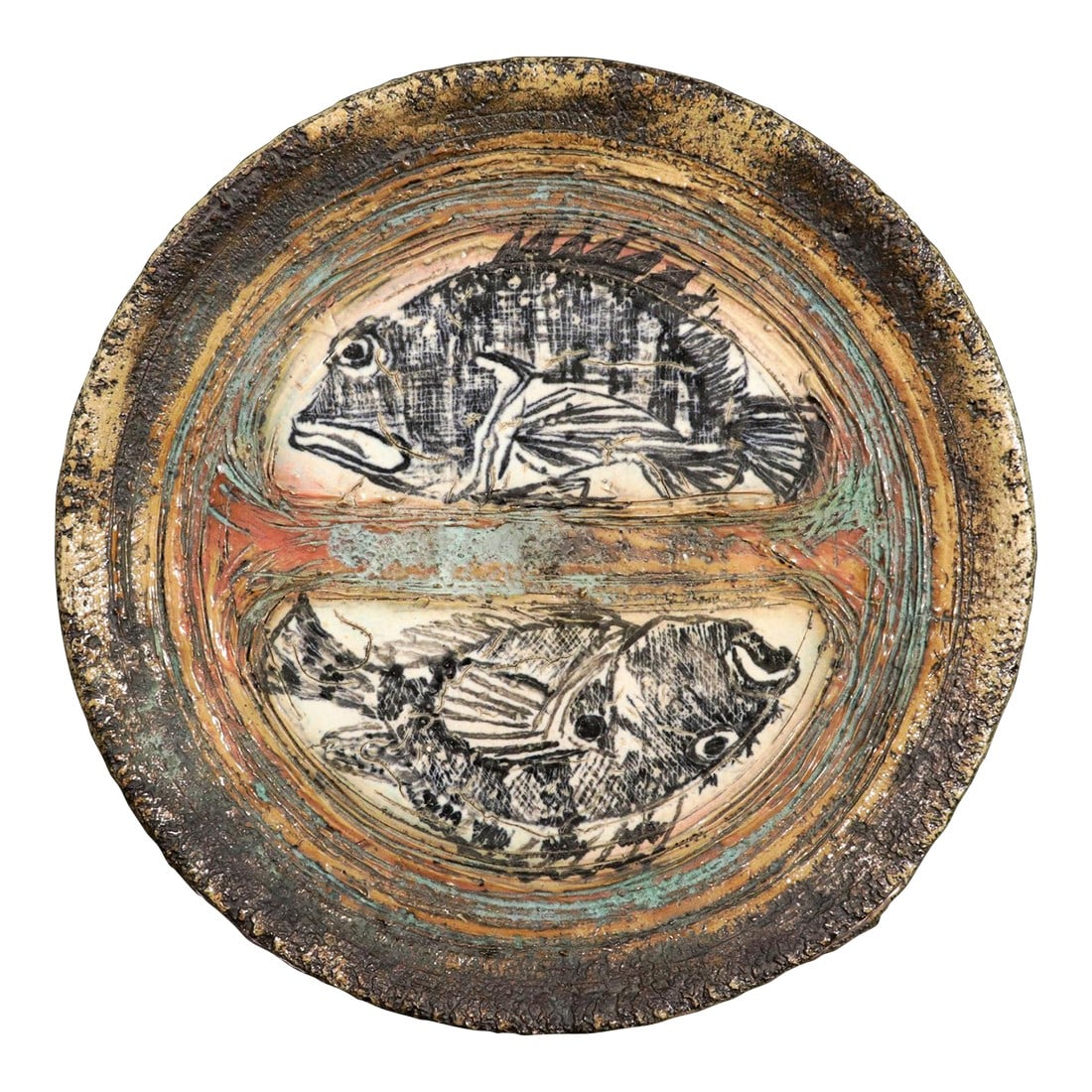 Studio Pottery Double Fish Dish, Dated 2003: Piscean Balance: A Sgraffito Stoneware Charger La Fuente (2003) Evoking a sense of natural harmony, this large stoneware dish from the studio of La Fuente captures the dynamic energy of aquatic