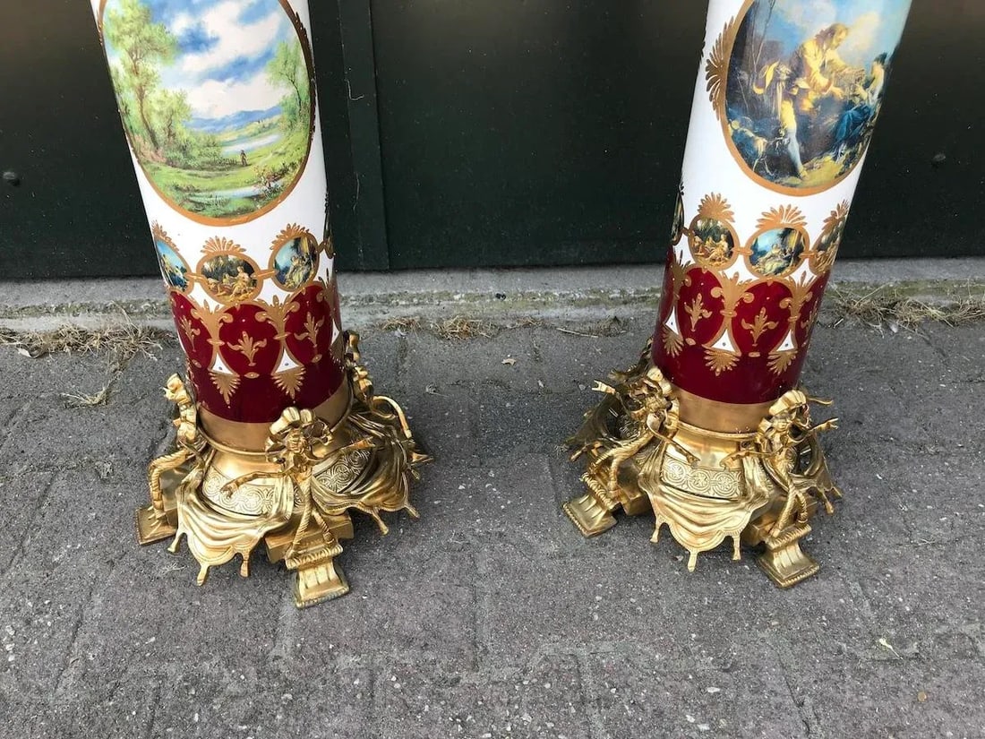 1980s French Louis XVI Gold Bronze Marble Pedestal Columns - Pair - 16