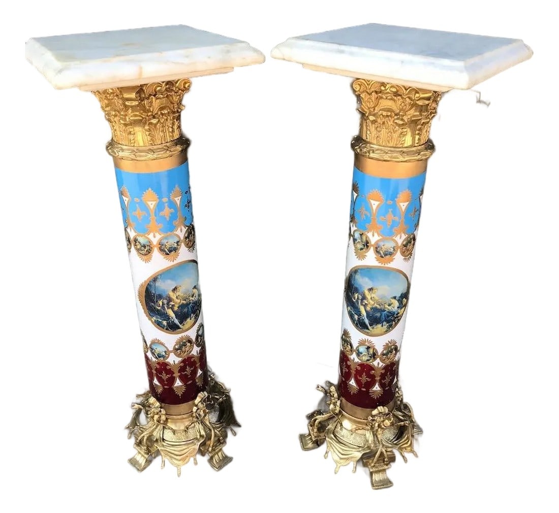 1980s French Louis XVI Gold Bronze Marble Pedestal Columns - Pair: Pair of 1980s French Louis XVI-Style Pedestal Columns with Gilded Bronze and Marble Tops – 2 Pieces Bring classical grandeur to your home with this pair of French Louis XVI-style pedestal column