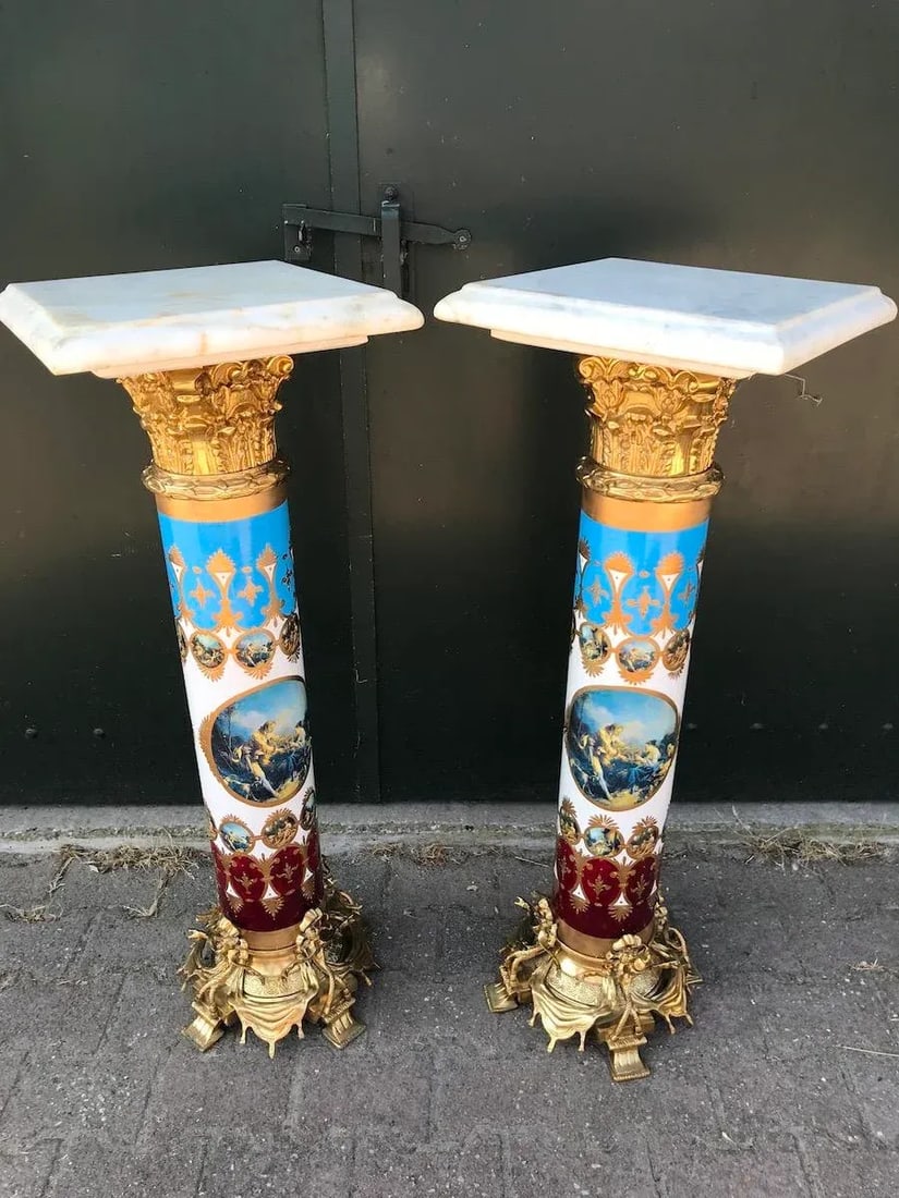 1980s French Louis XVI Gold Bronze Marble Pedestal Columns - Pair - 4