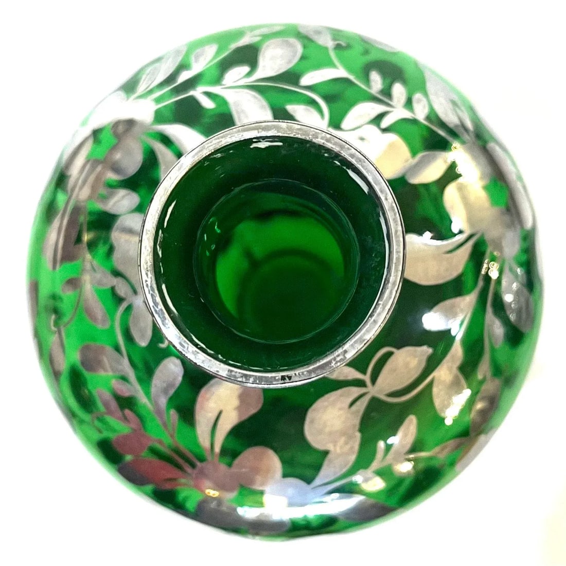 Decanter Pair - Bohemian Green Glass With Sterling Silver Overlay - Early 20th Century - 10