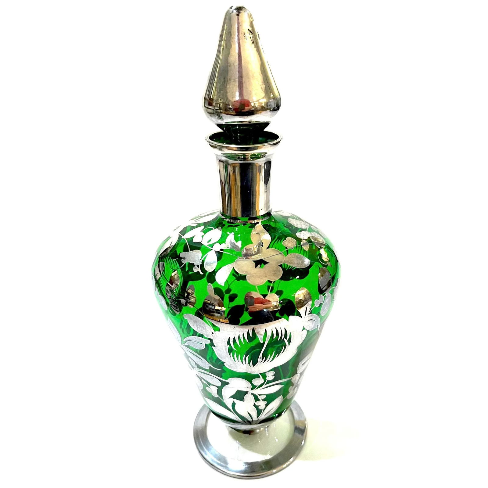Decanter Pair - Bohemian Green Glass With Sterling Silver Overlay - Early 20th Century - 2