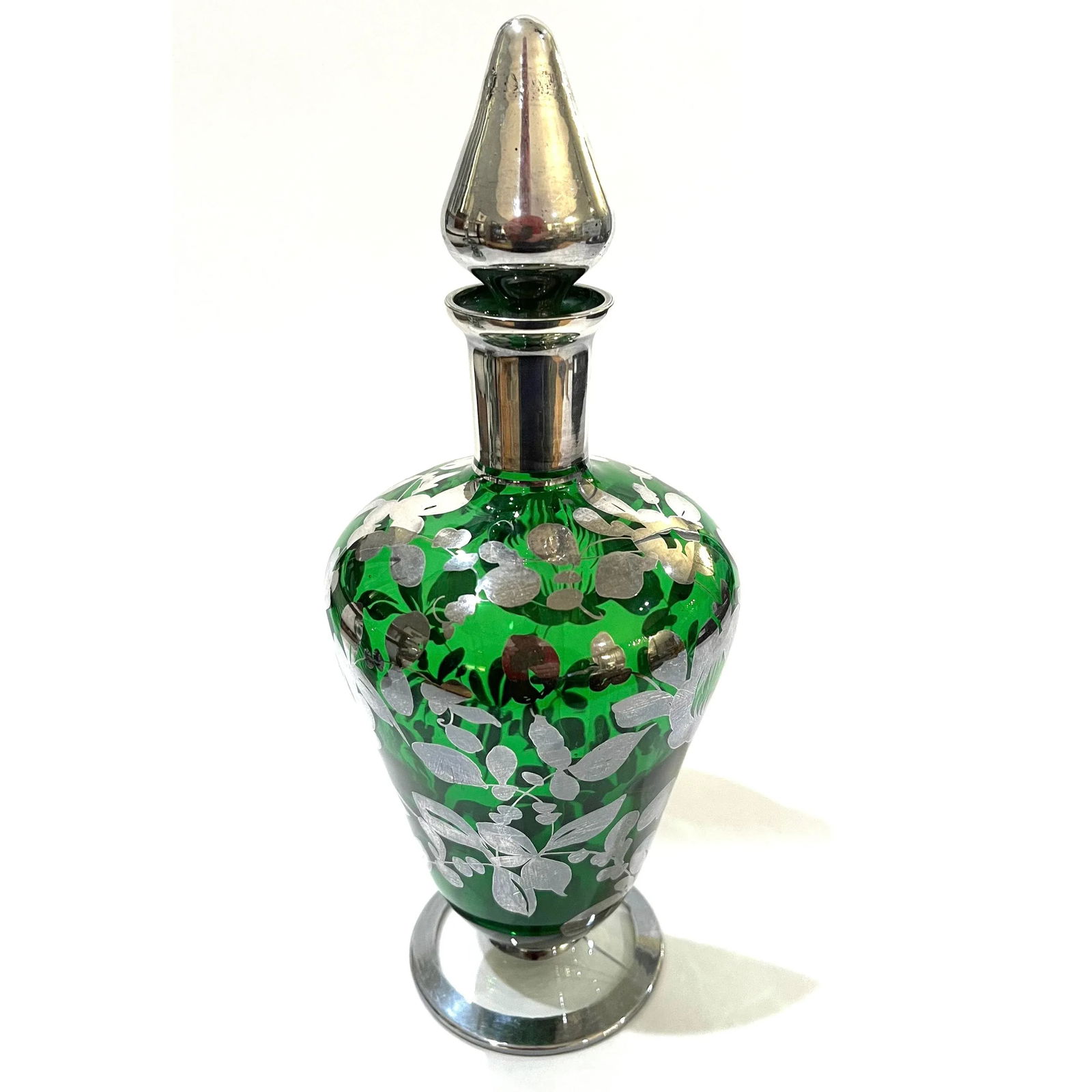 Decanter Pair - Bohemian Green Glass With Sterling Silver Overlay - Early 20th Century - 3