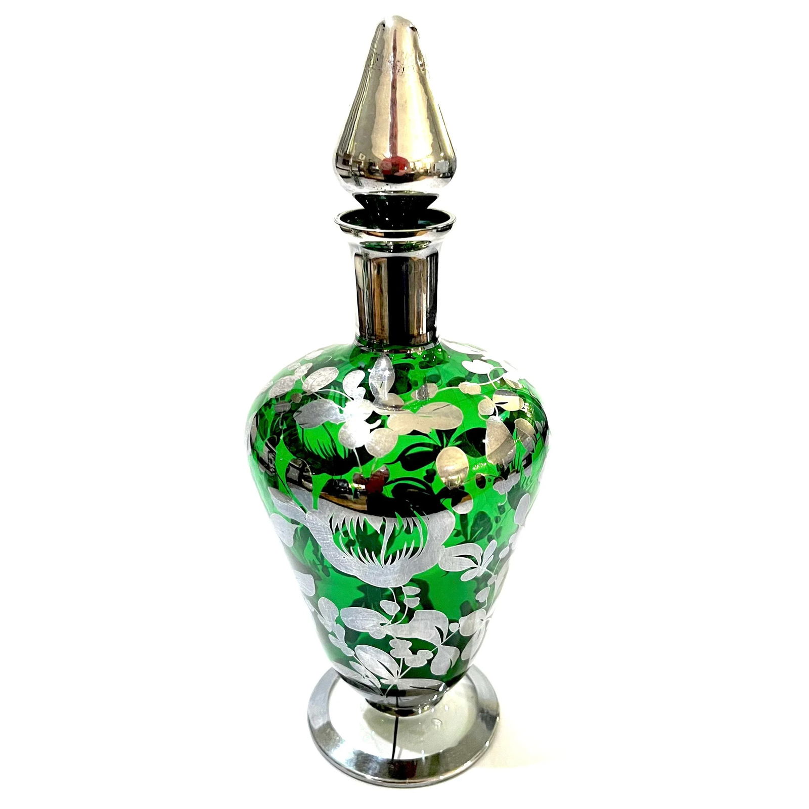 Decanter Pair - Bohemian Green Glass With Sterling Silver Overlay - Early 20th Century - 4