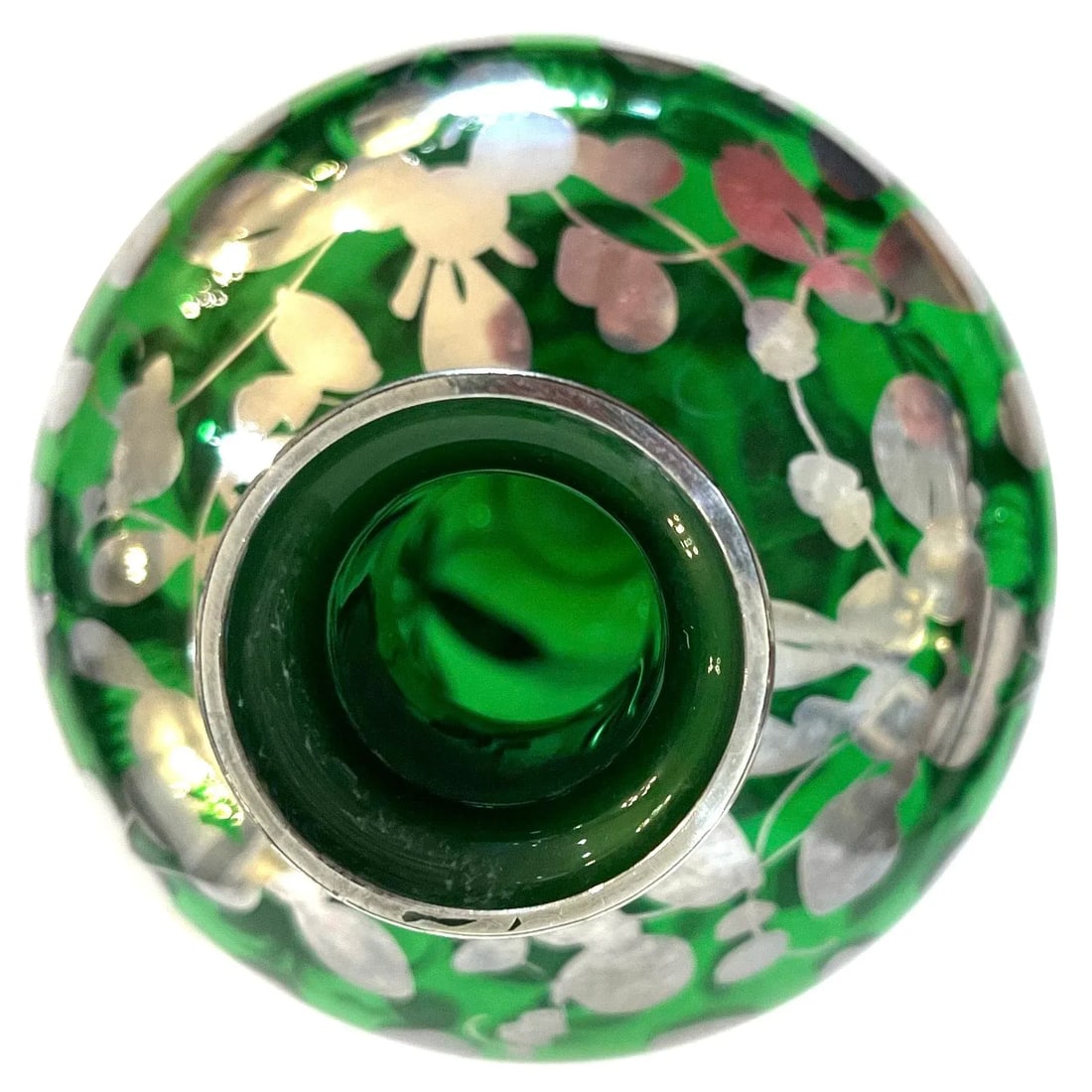 Decanter Pair - Bohemian Green Glass With Sterling Silver Overlay - Early 20th Century - 5